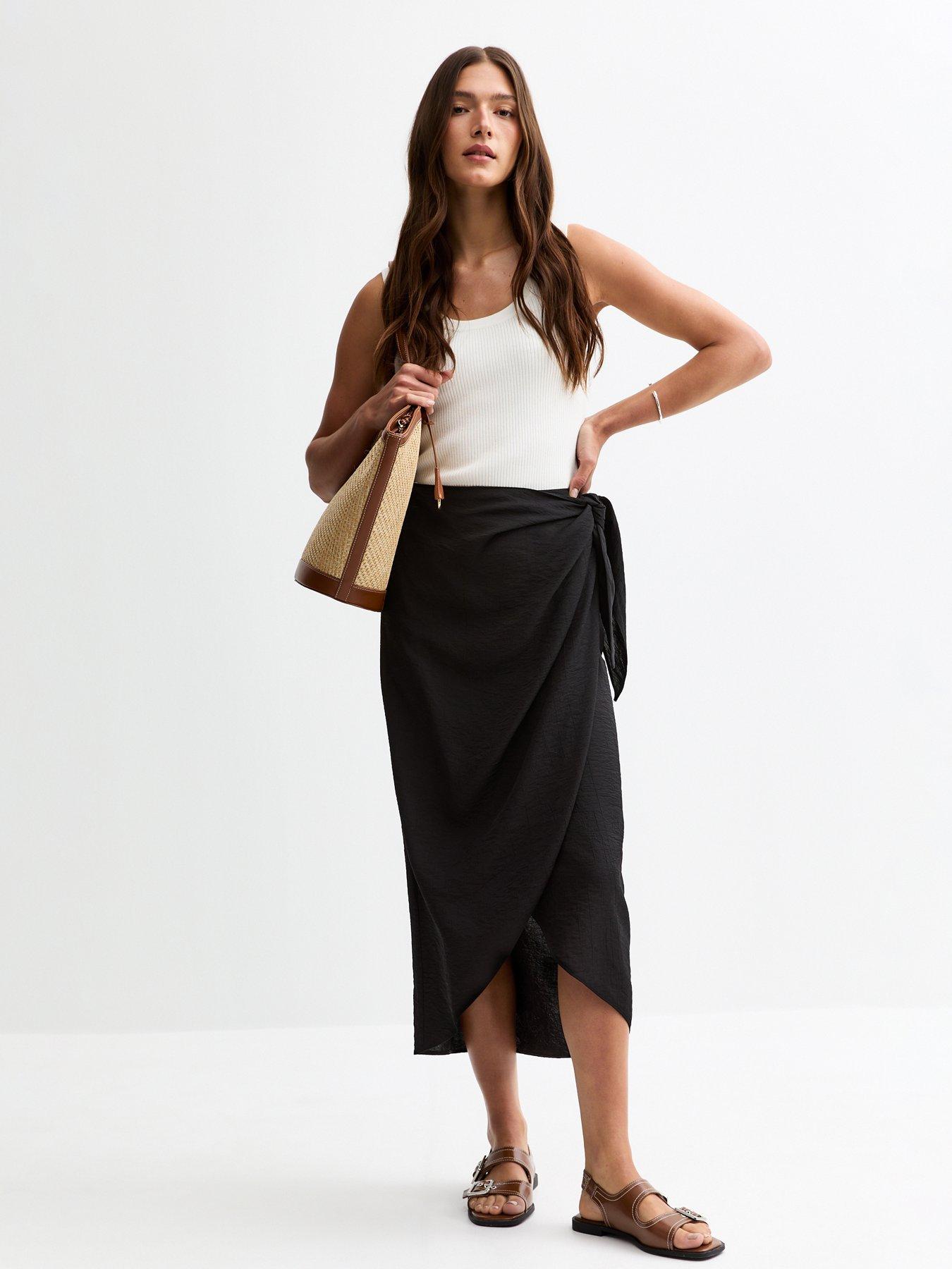 Image 3 of 6 of New Look Black Crinkled Wrap Midi Skirt