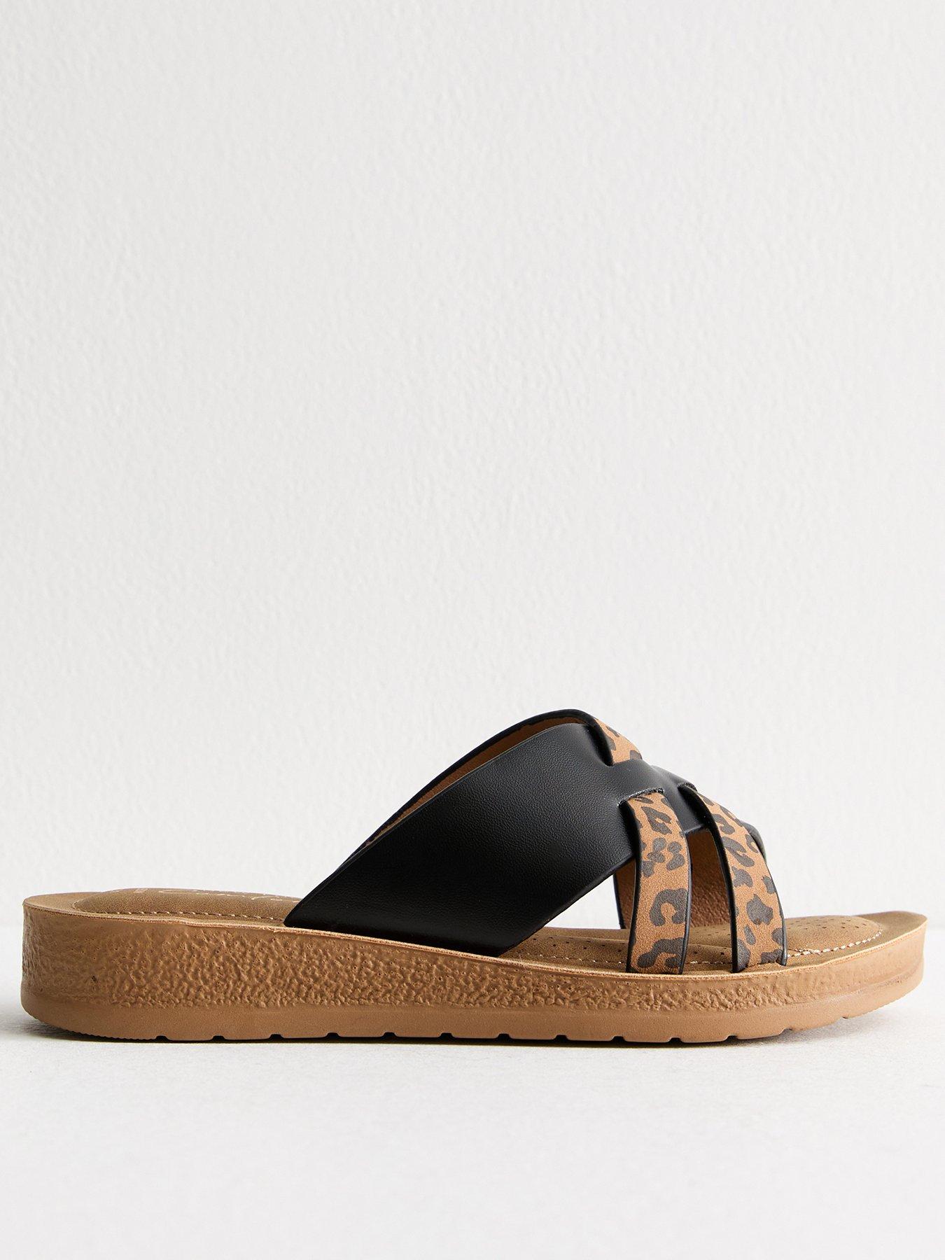 Image 1 of 6 of New Look Wide Fit Faux Leather Woven Strap Sandals - Leopard Print