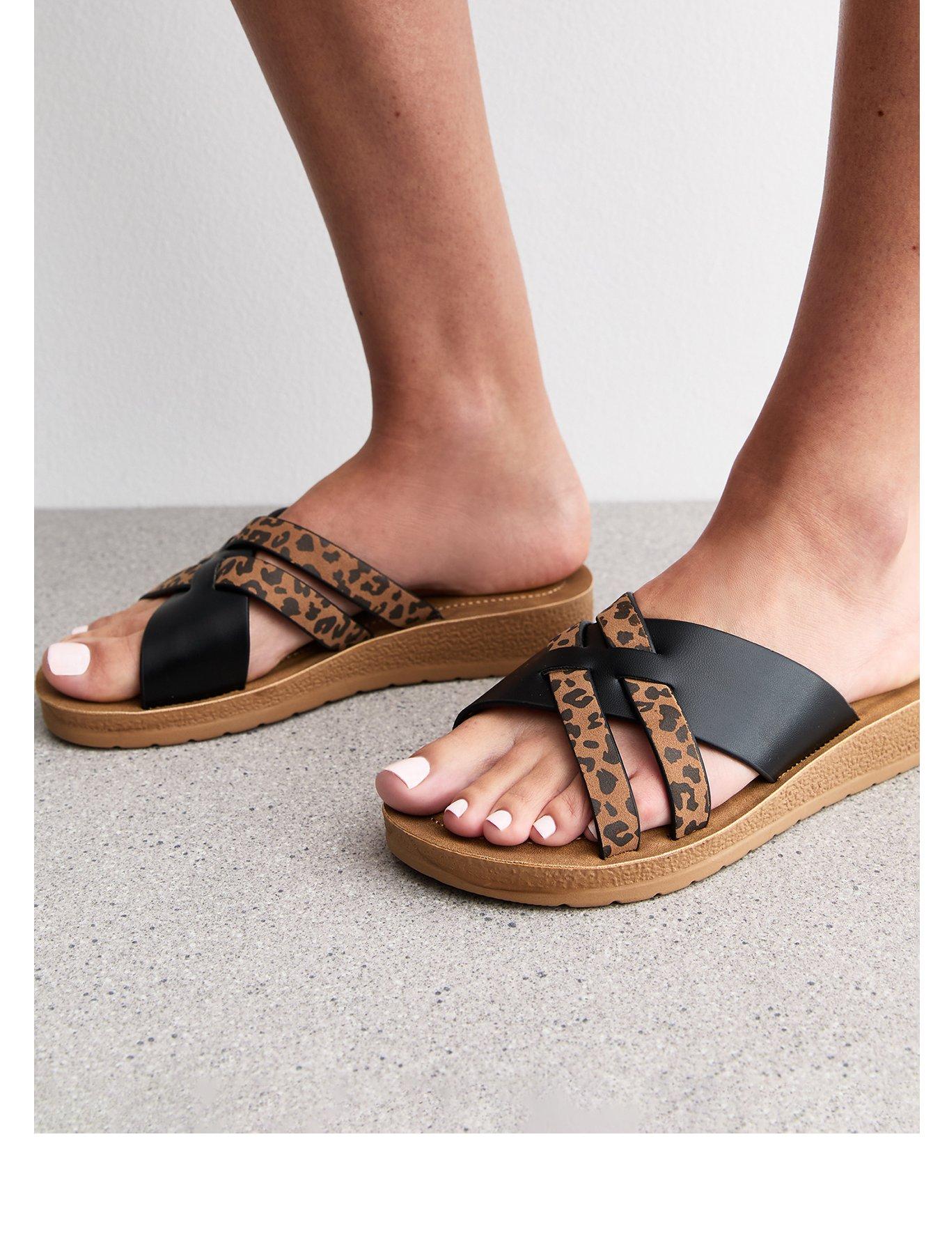 Image 2 of 6 of New Look Wide Fit Faux Leather Woven Strap Sandals - Leopard Print