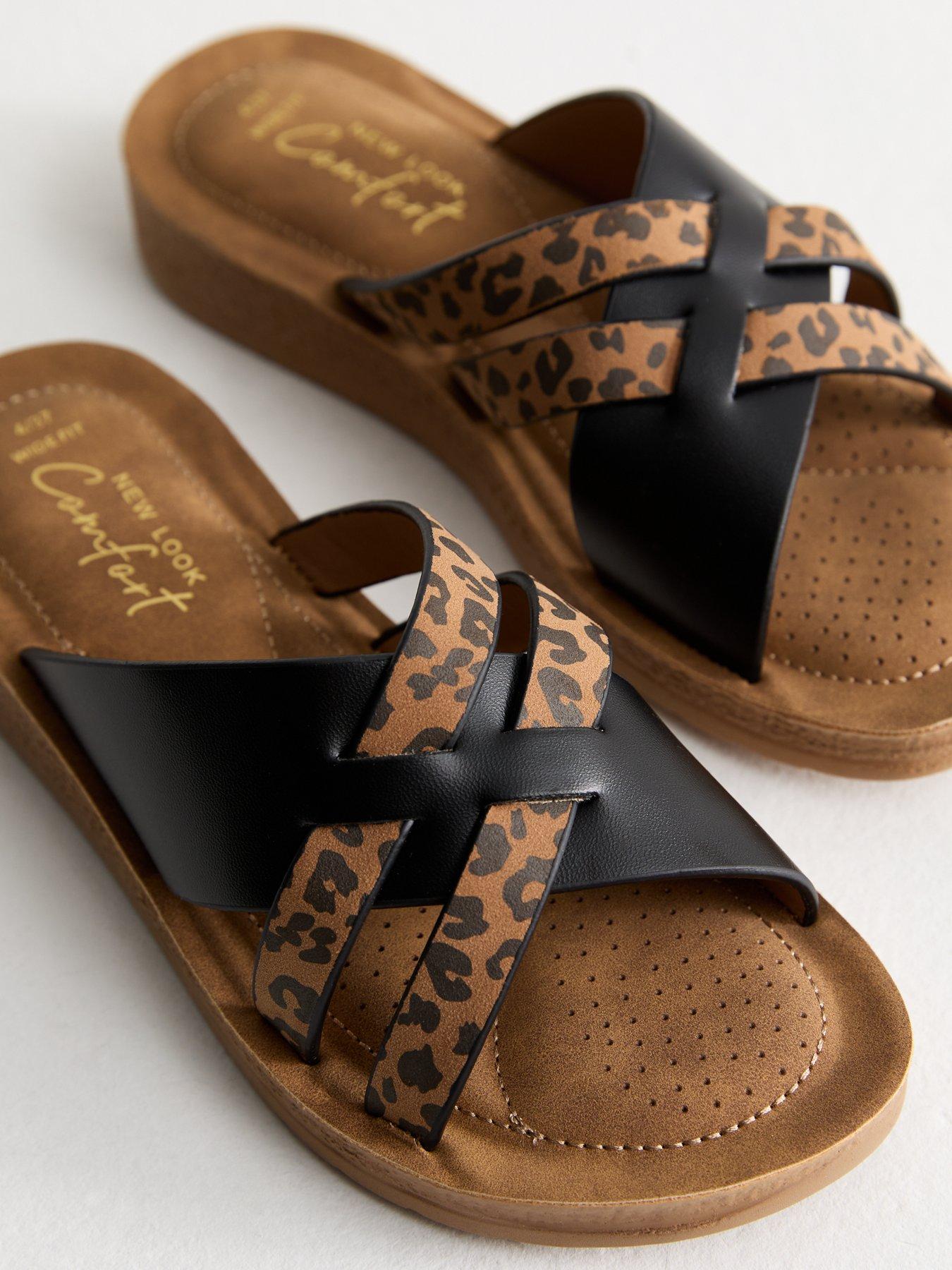 Image 5 of 6 of New Look Wide Fit Faux Leather Woven Strap Sandals - Leopard Print