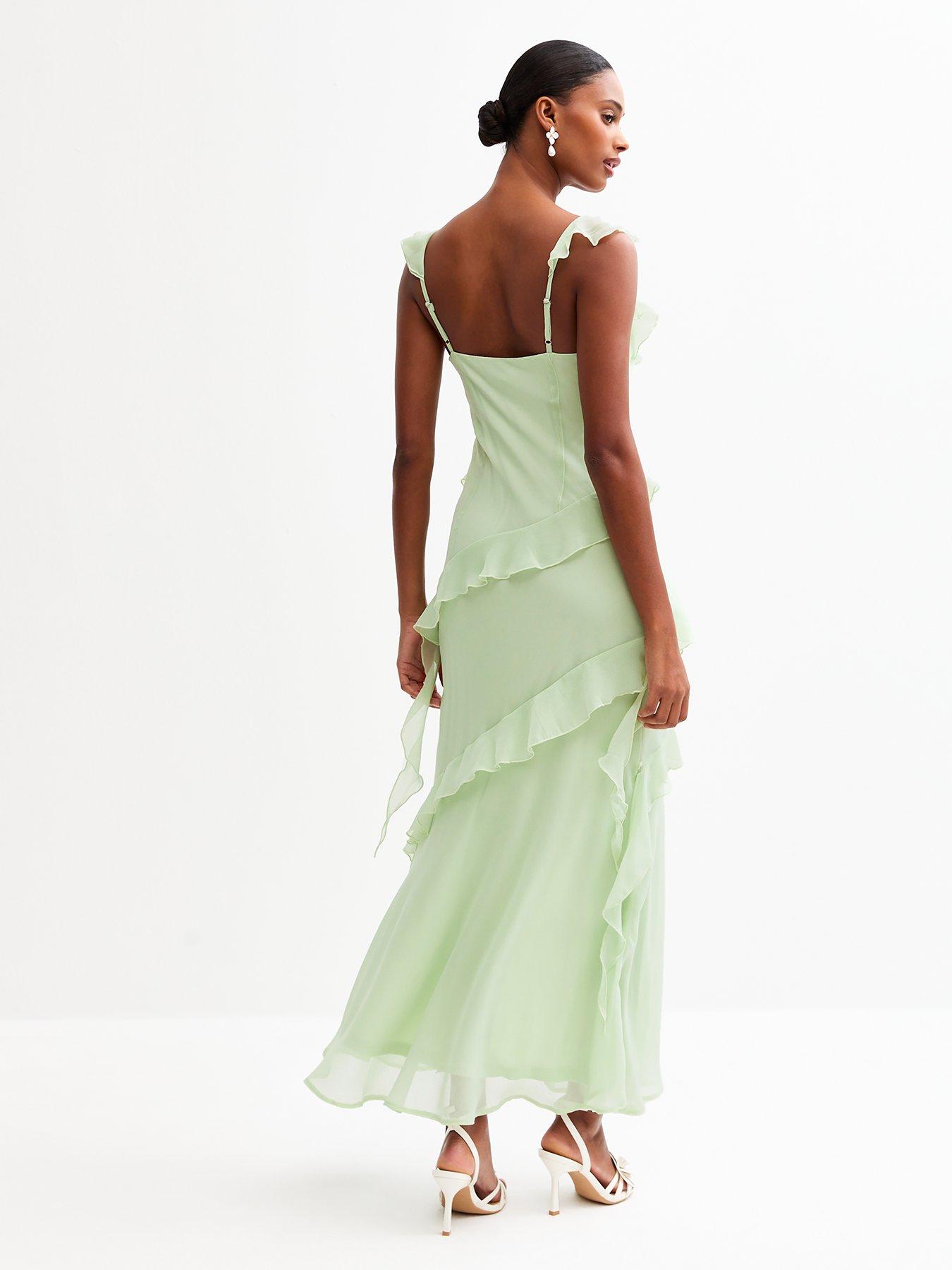 Image 1 of 1 of New Look Asymmetric Ruffled Slit Hem Chiffon Midi Dress - Light Green