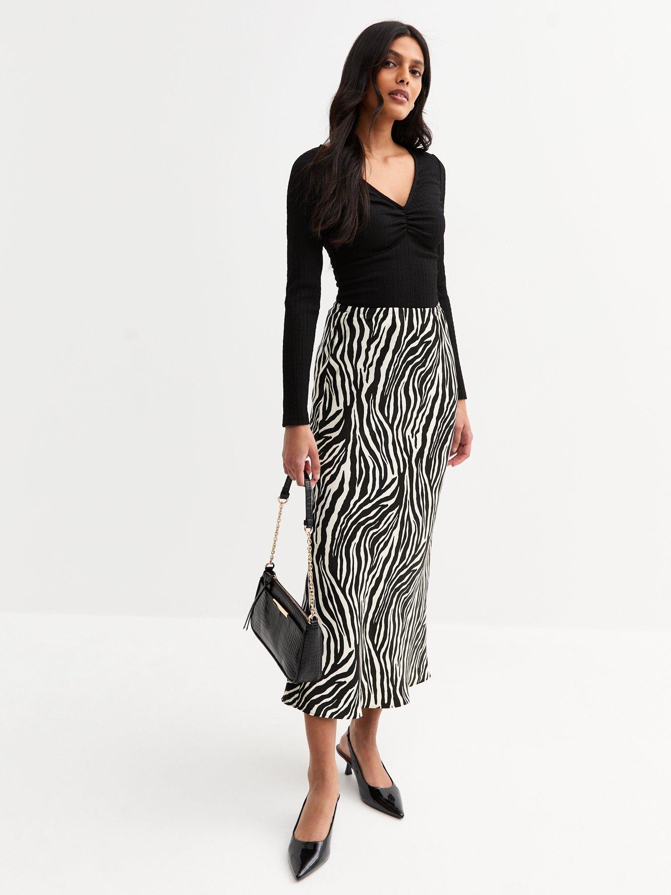 undefined Zebra Print Satin Bias Cut Midi Skirt - Black