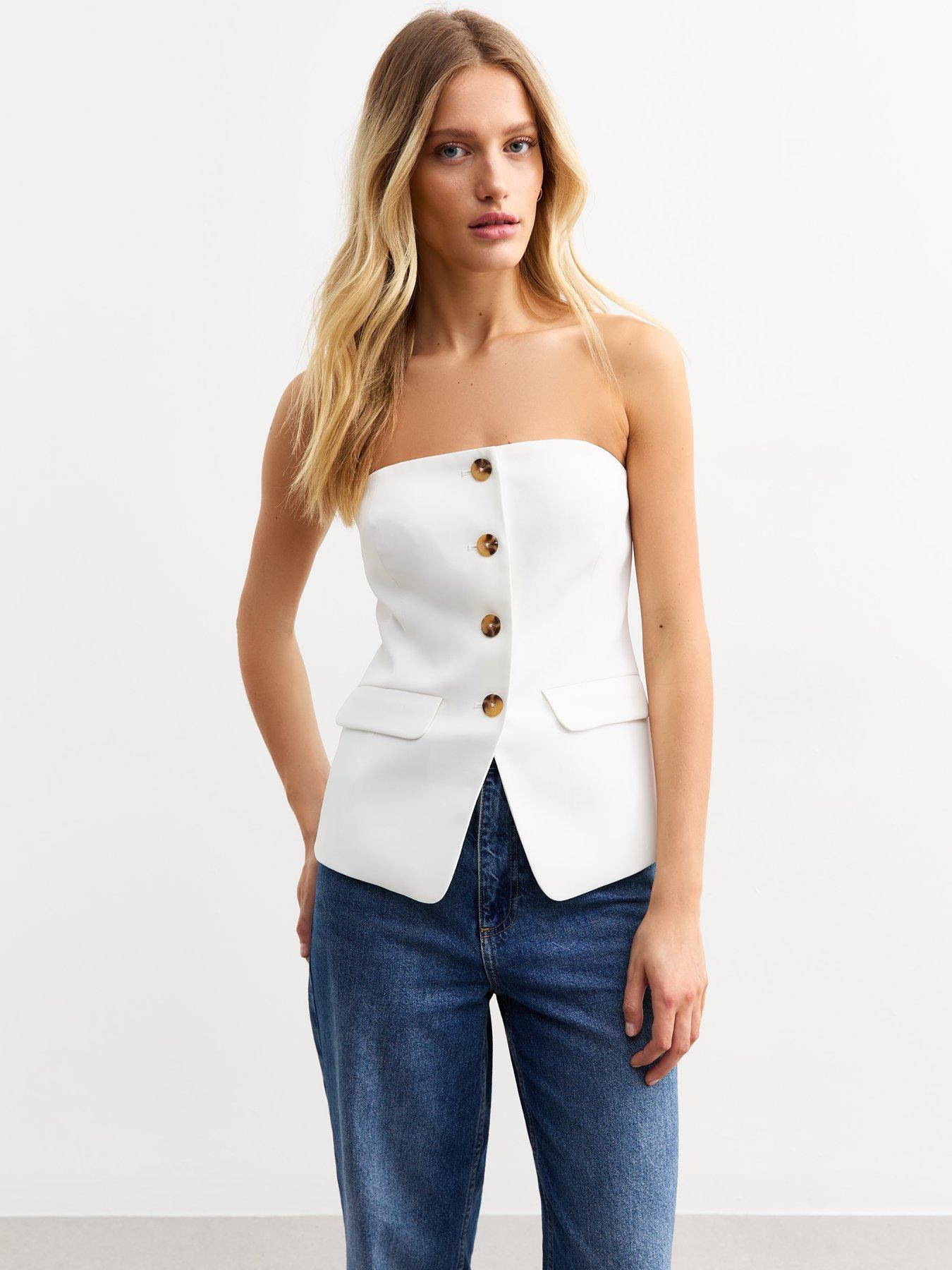 Image 1 of 5 of New Look White Button Front Bandeau Waistcoat