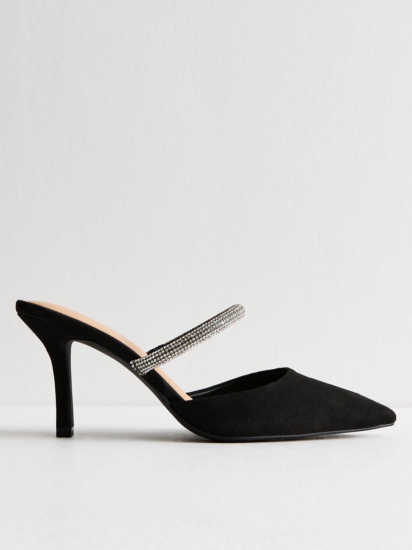 Image of New Look Faux Suede Embellished Strap Backless Court Shoes - Black