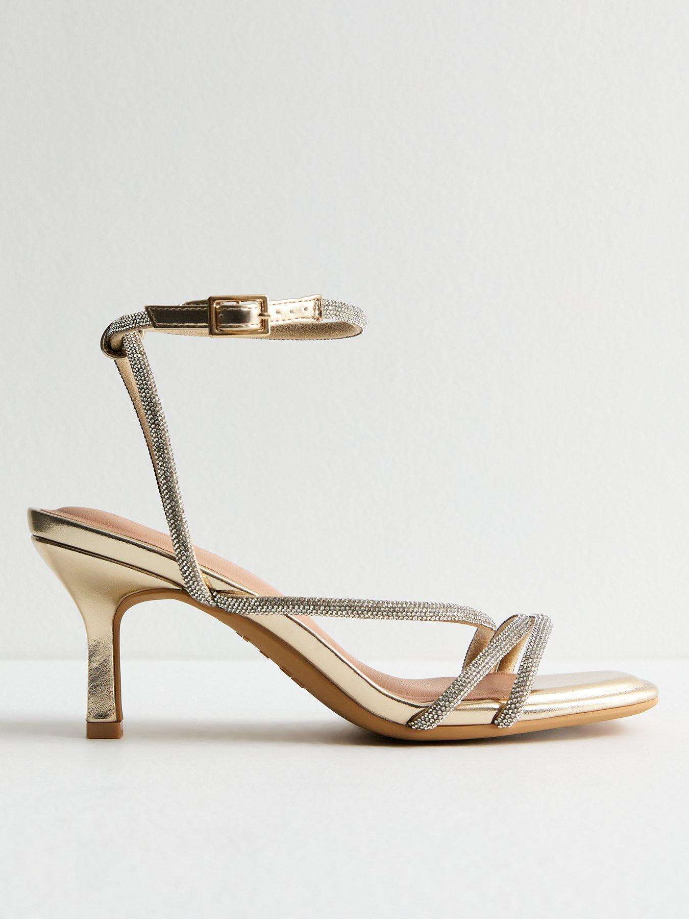 Image of New Look Wide Fit Diamanté Embellished Faux Leather Sandals - Gold