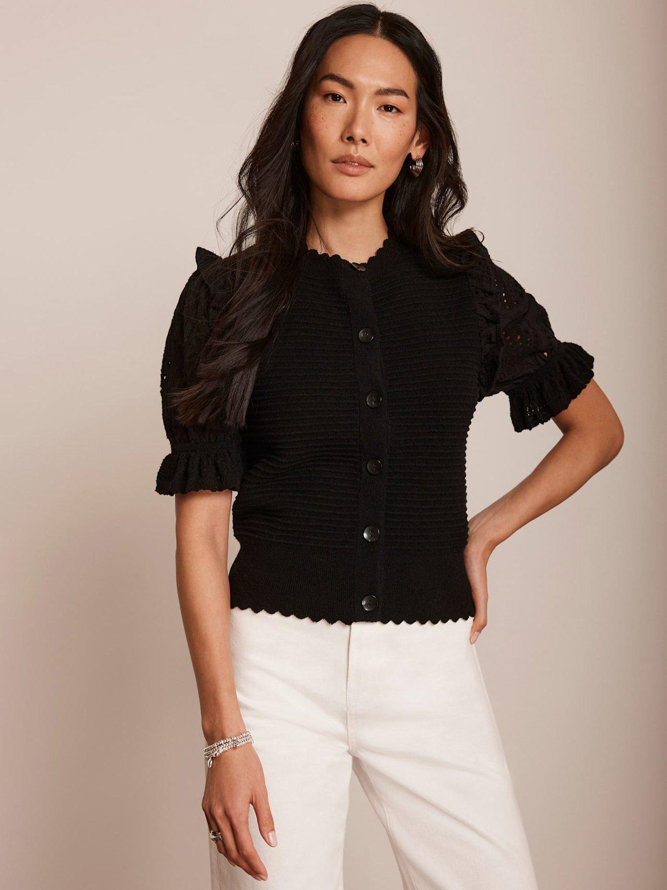 Image 1 of 6 of Mint Velvet Broderie Sleeve Cardigan - Black