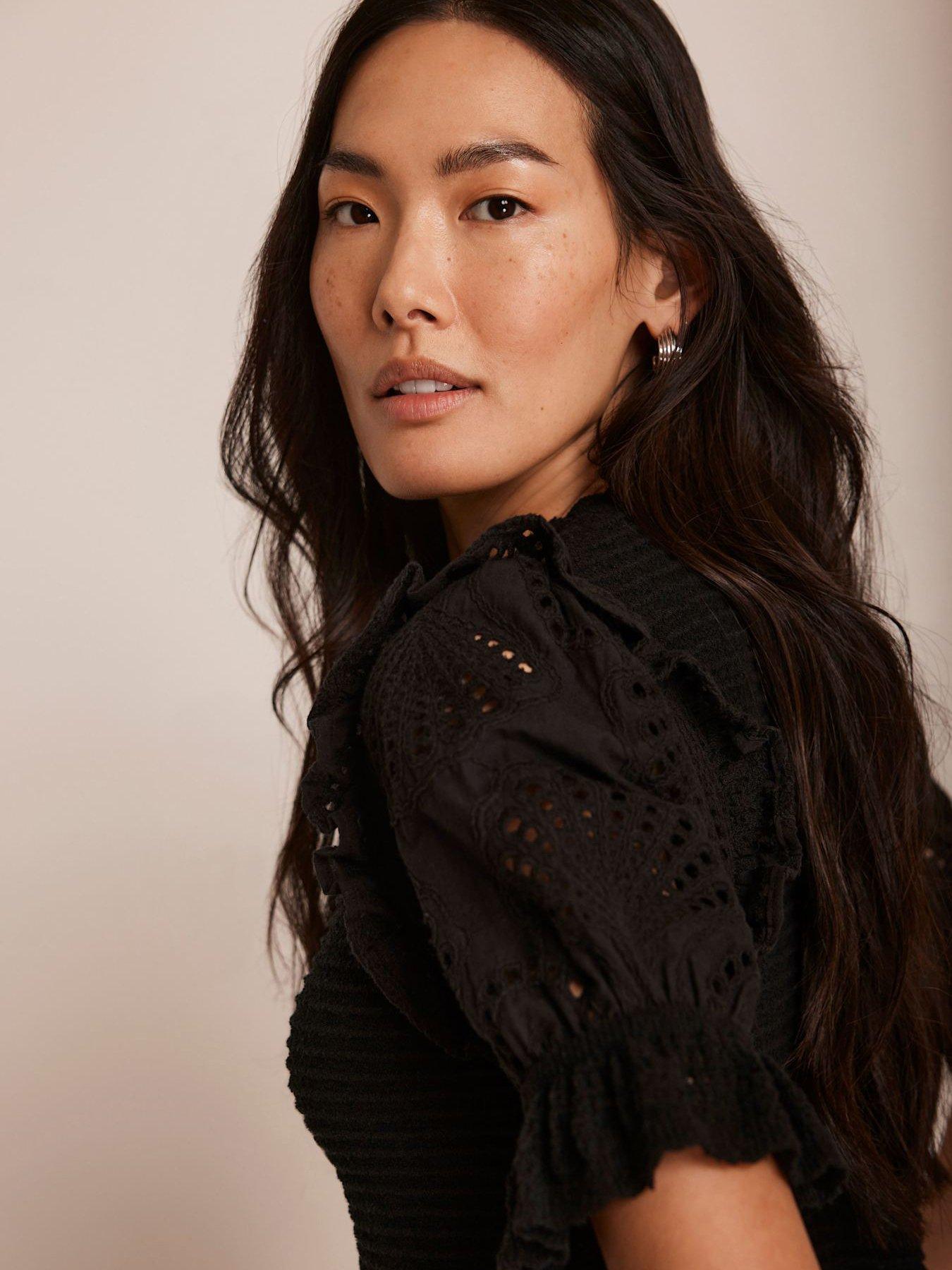 Image 4 of 6 of Mint Velvet Broderie Sleeve Cardigan - Black