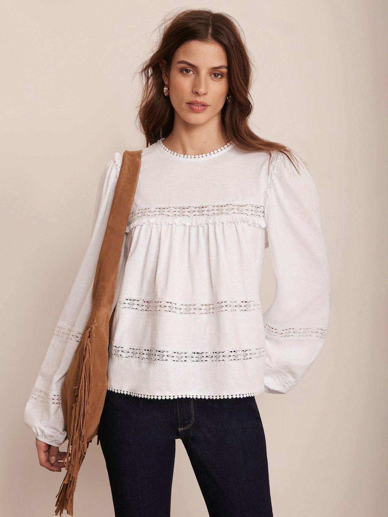 Image 1 of 5 of Mint Velvet White Lace Trim Blouse - Cream