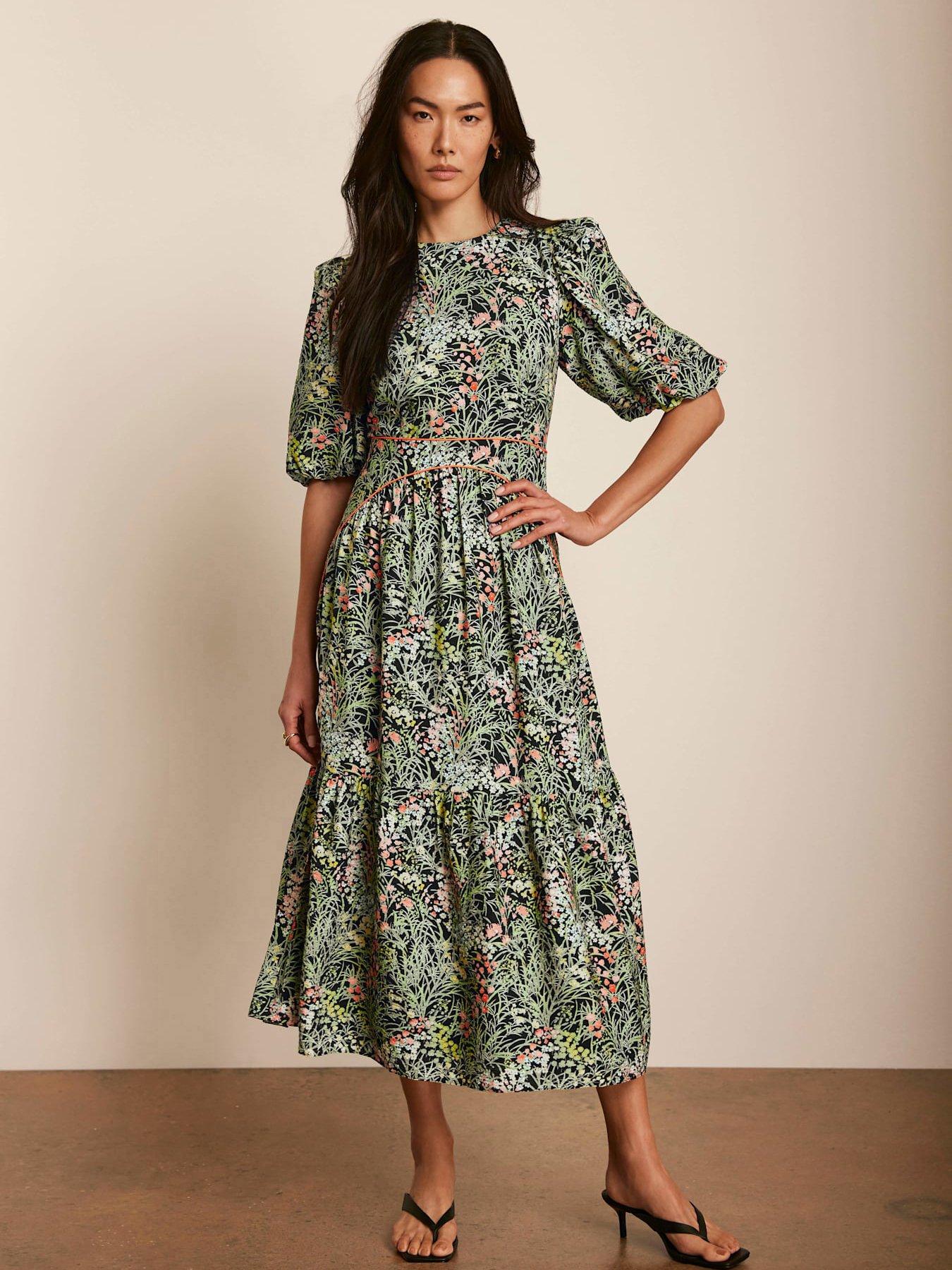green and black midi dress Amina Midi Dress in Green City Floral Olive