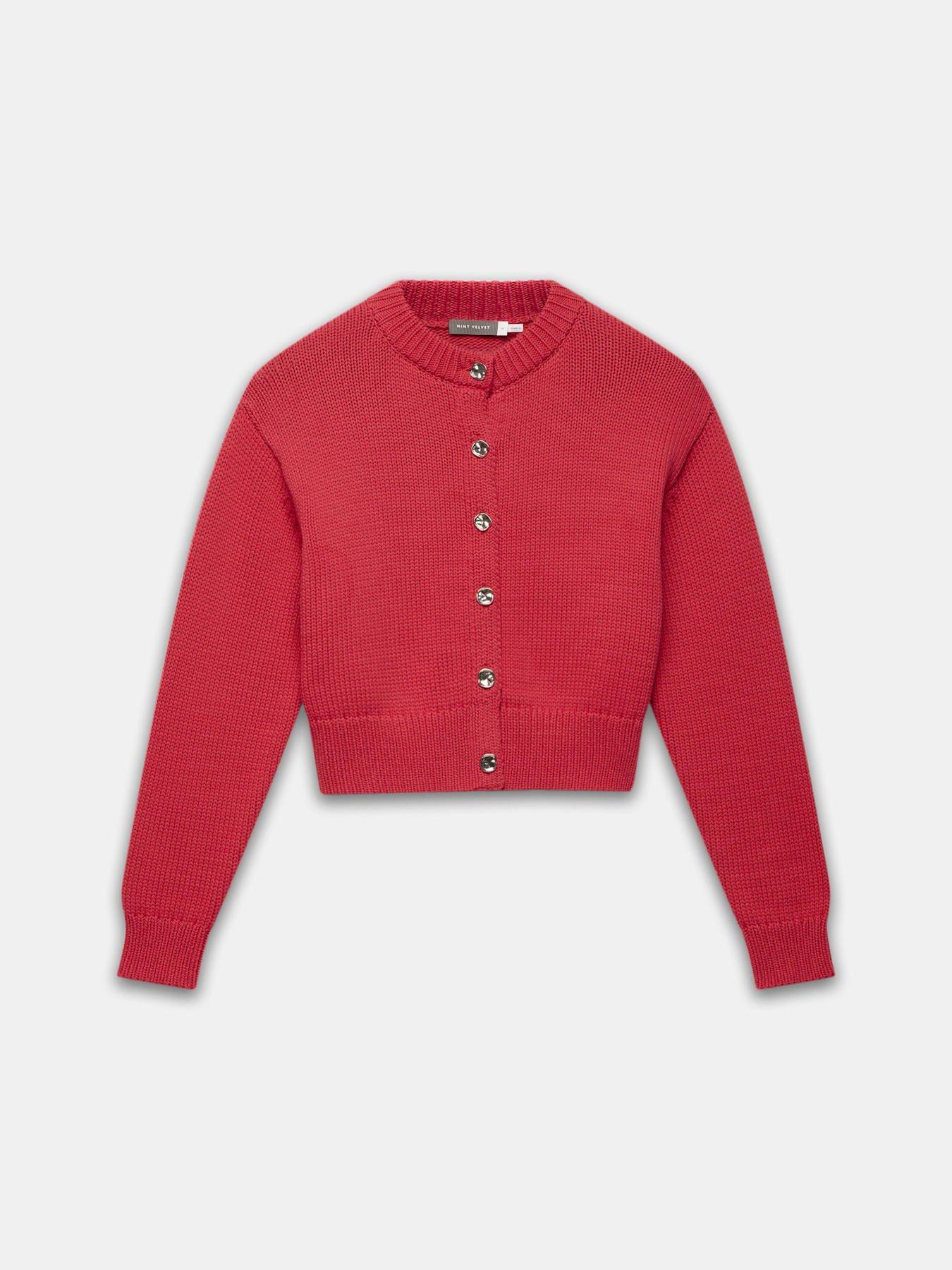 Image 5 of 6 of Mint Velvet Cotton Fitted Cardigan - Red