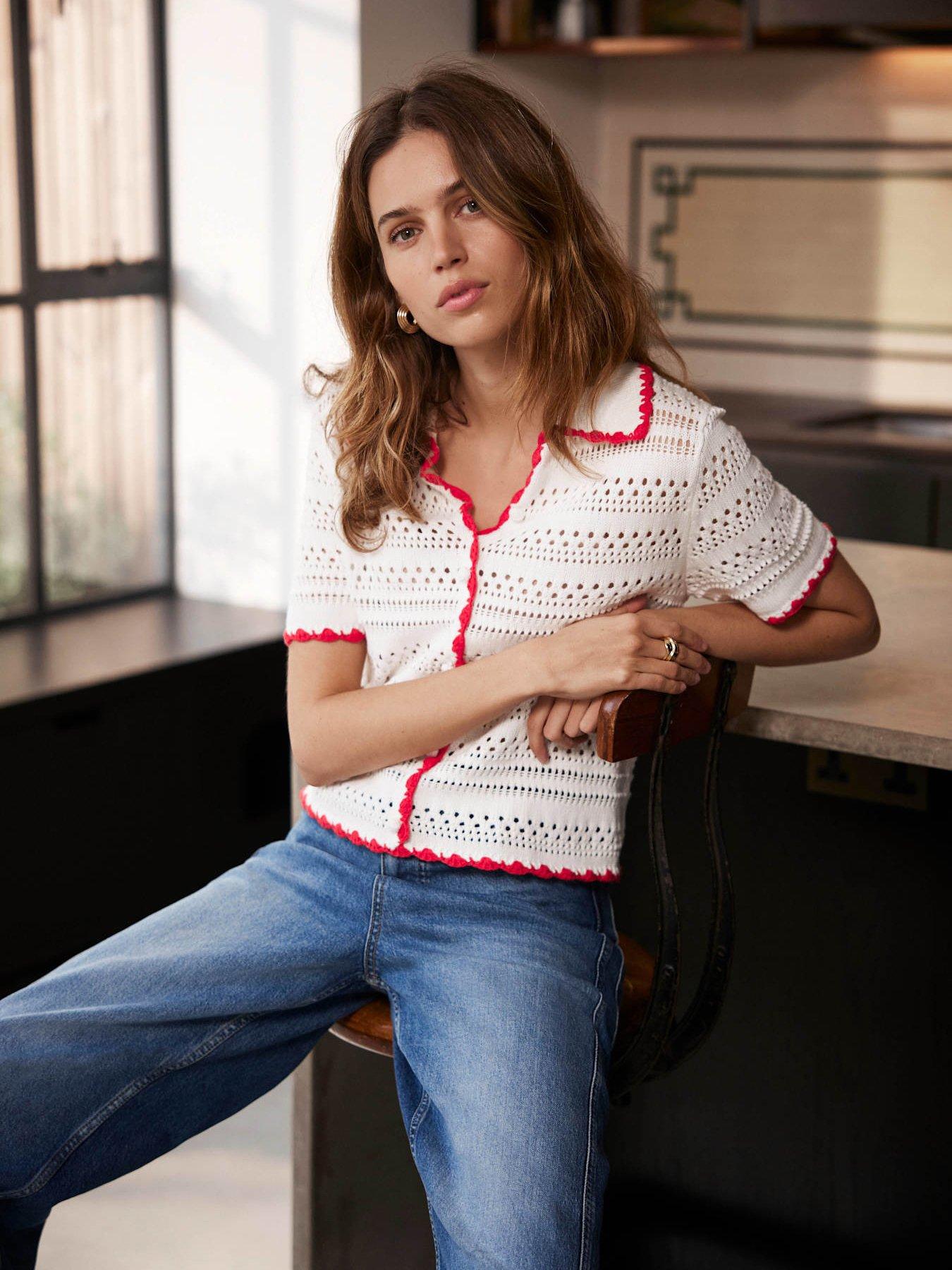 Image 2 of 6 of Mint Velvet White Contrast Trim Polo Top - Cream