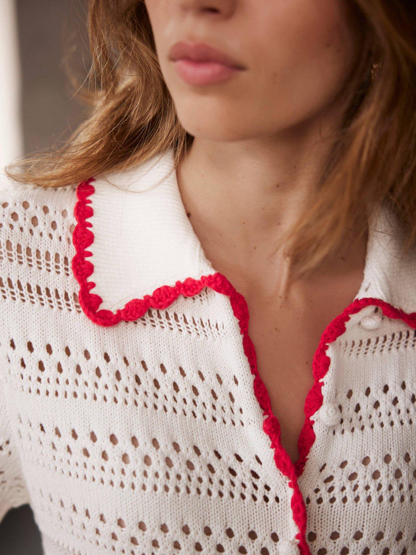 Image 4 of 6 of Mint Velvet White Contrast Trim Polo Top - Cream