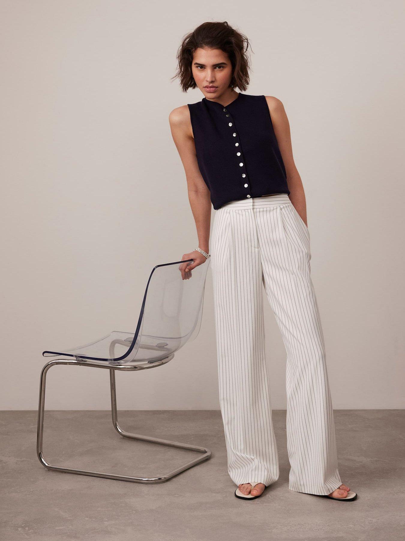 Image 1 of 5 of Mint Velvet White Pinstripe Tailored Trousers - Cream