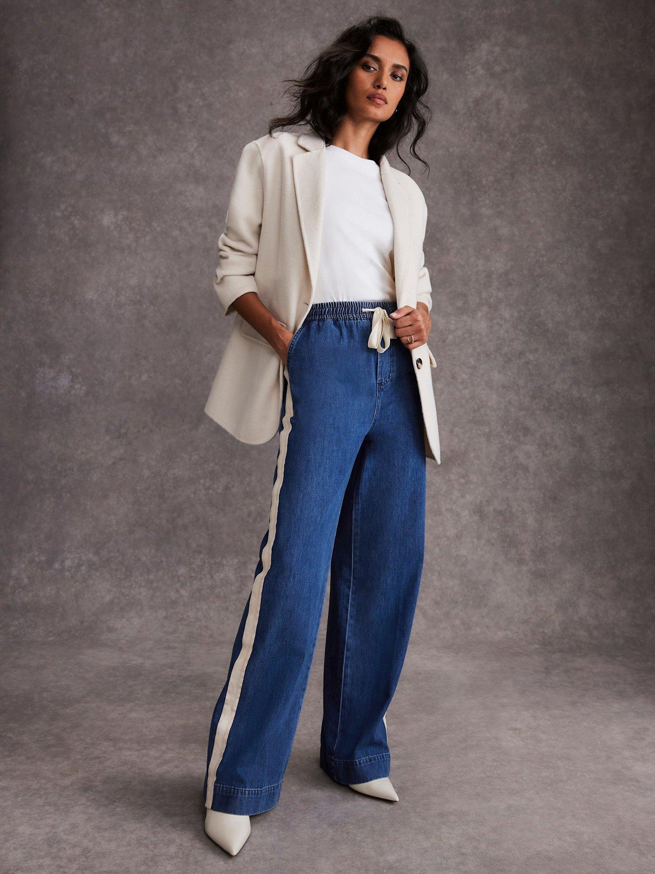 Mint Velvet Indigo Tie Waist Side Stripe Wide Jeans - Blue