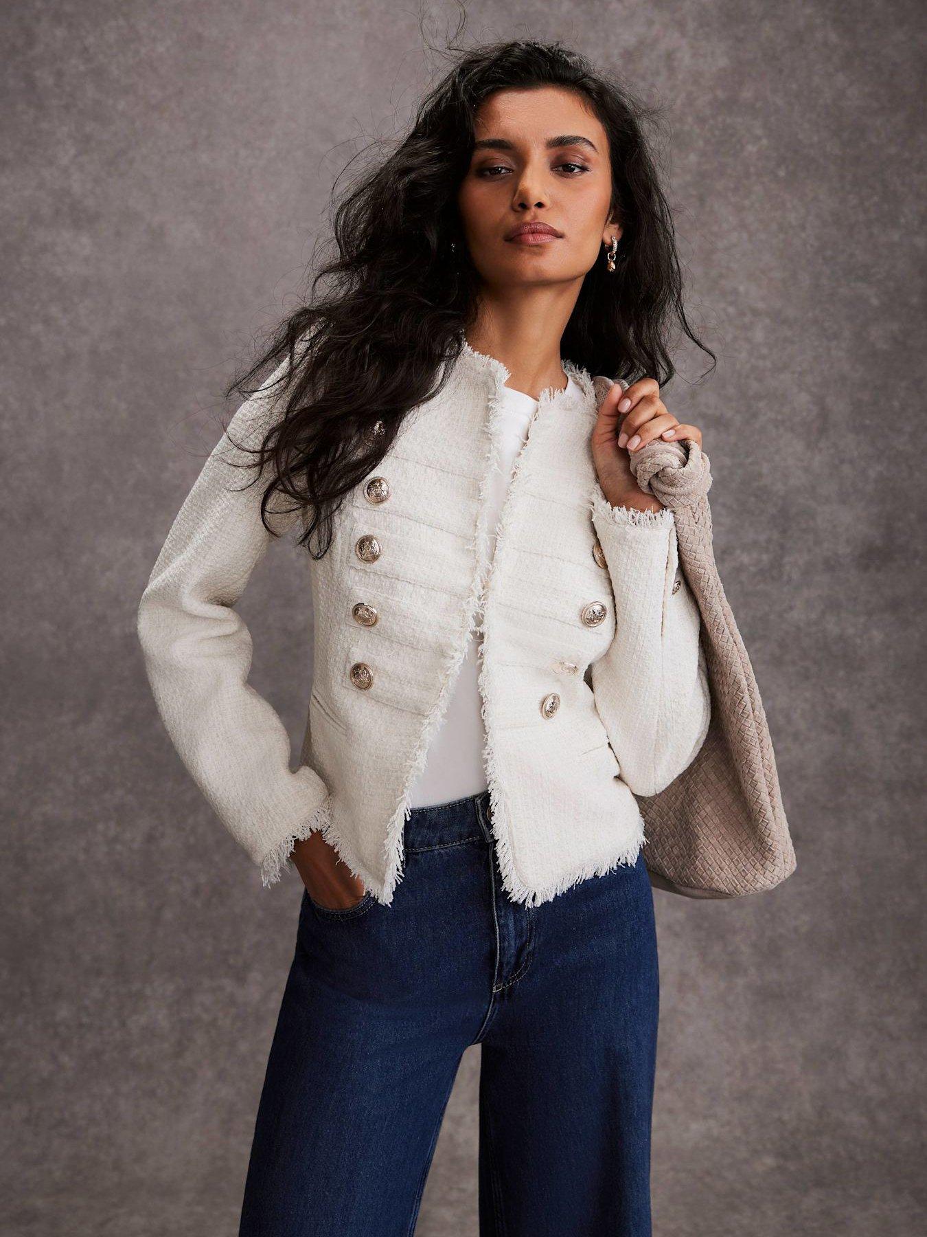 Image 1 of 6 of Mint Velvet Boucle Military Jacket - Cream