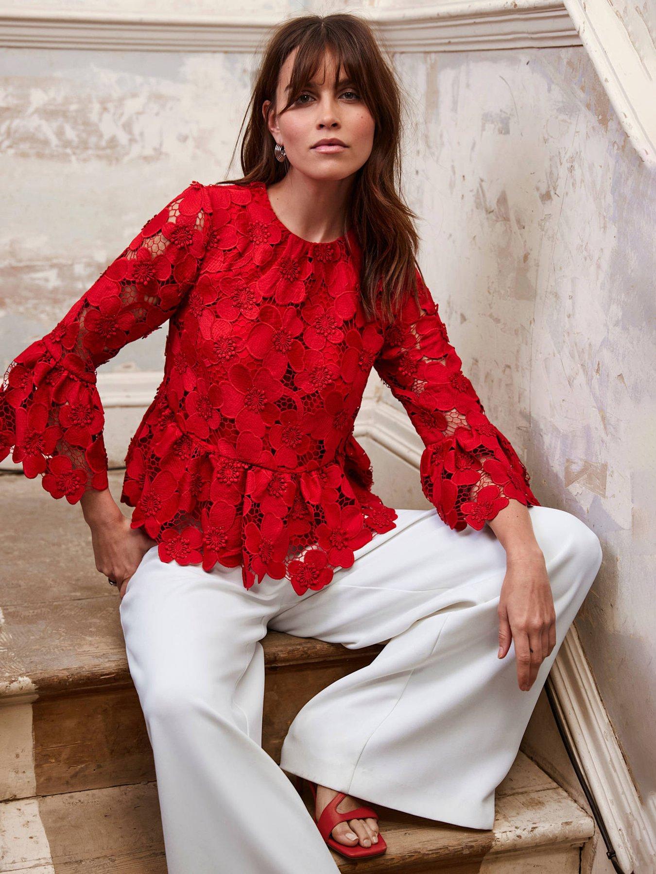 Image 1 of 6 of Mint Velvet Floral Applique Top - Red