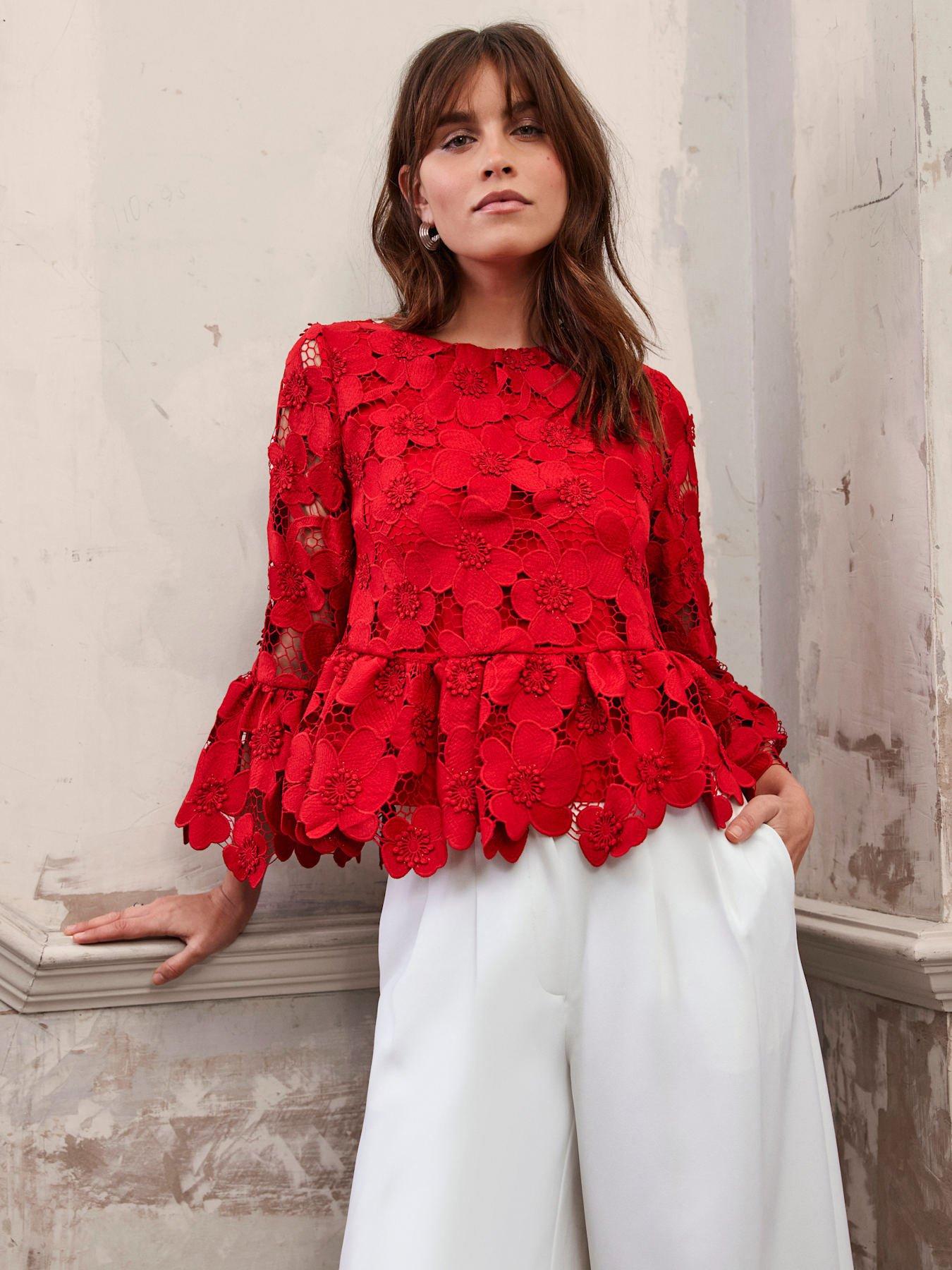 Image 2 of 6 of Mint Velvet Floral Applique Top - Red