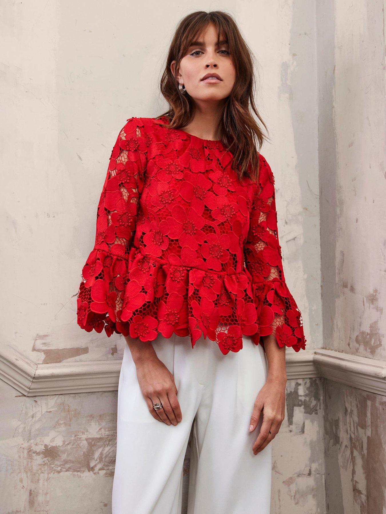 Image 5 of 6 of Mint Velvet Floral Applique Top - Red