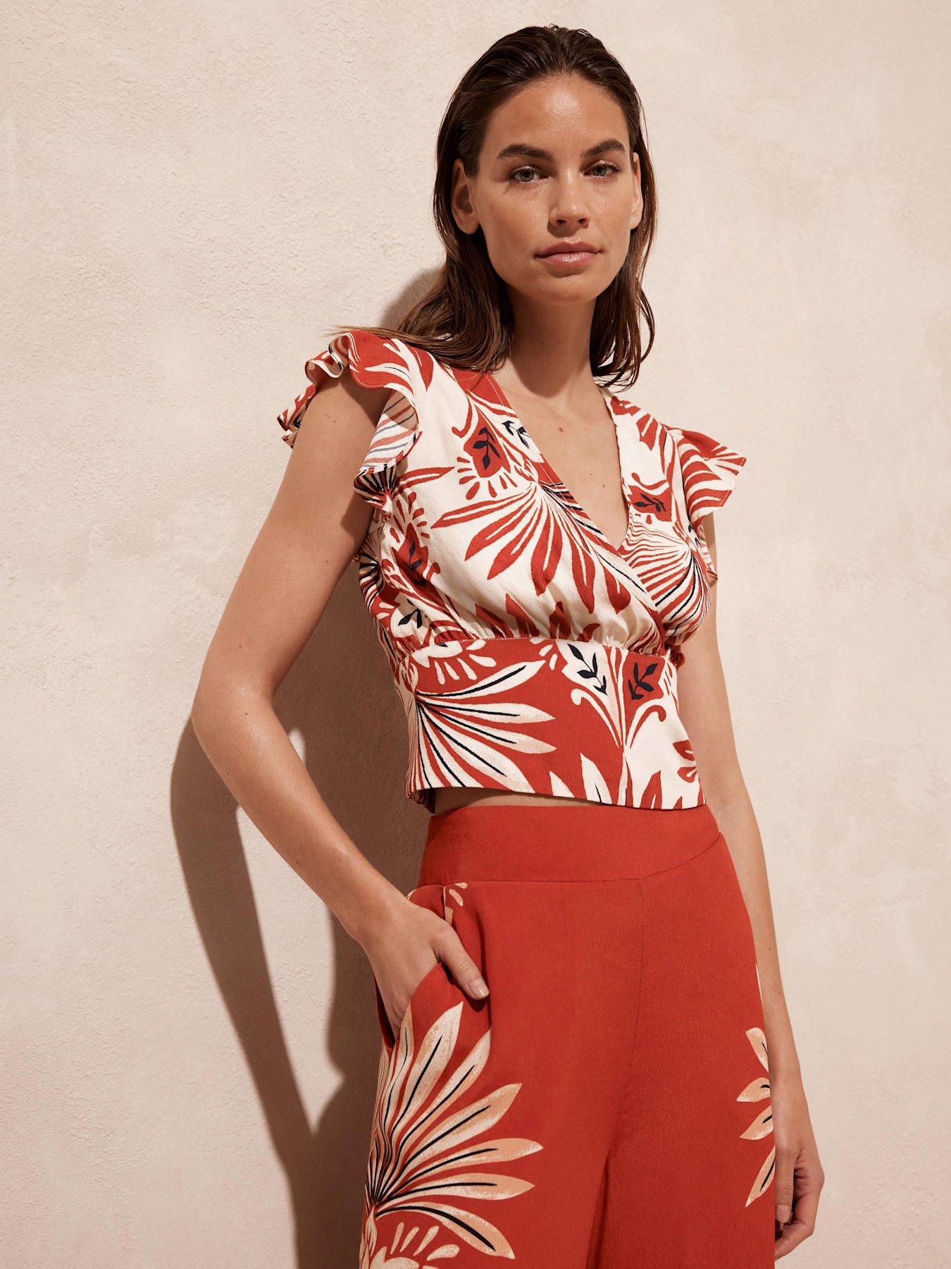 Image 1 of 6 of Mint Velvet Orange Print Wrap Top - Red