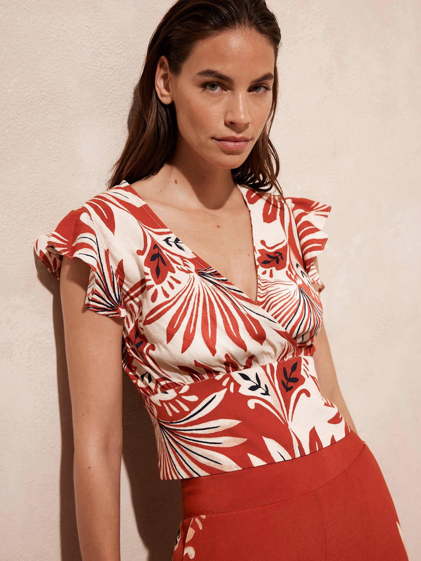 Image 4 of 6 of Mint Velvet Orange Print Wrap Top - Red