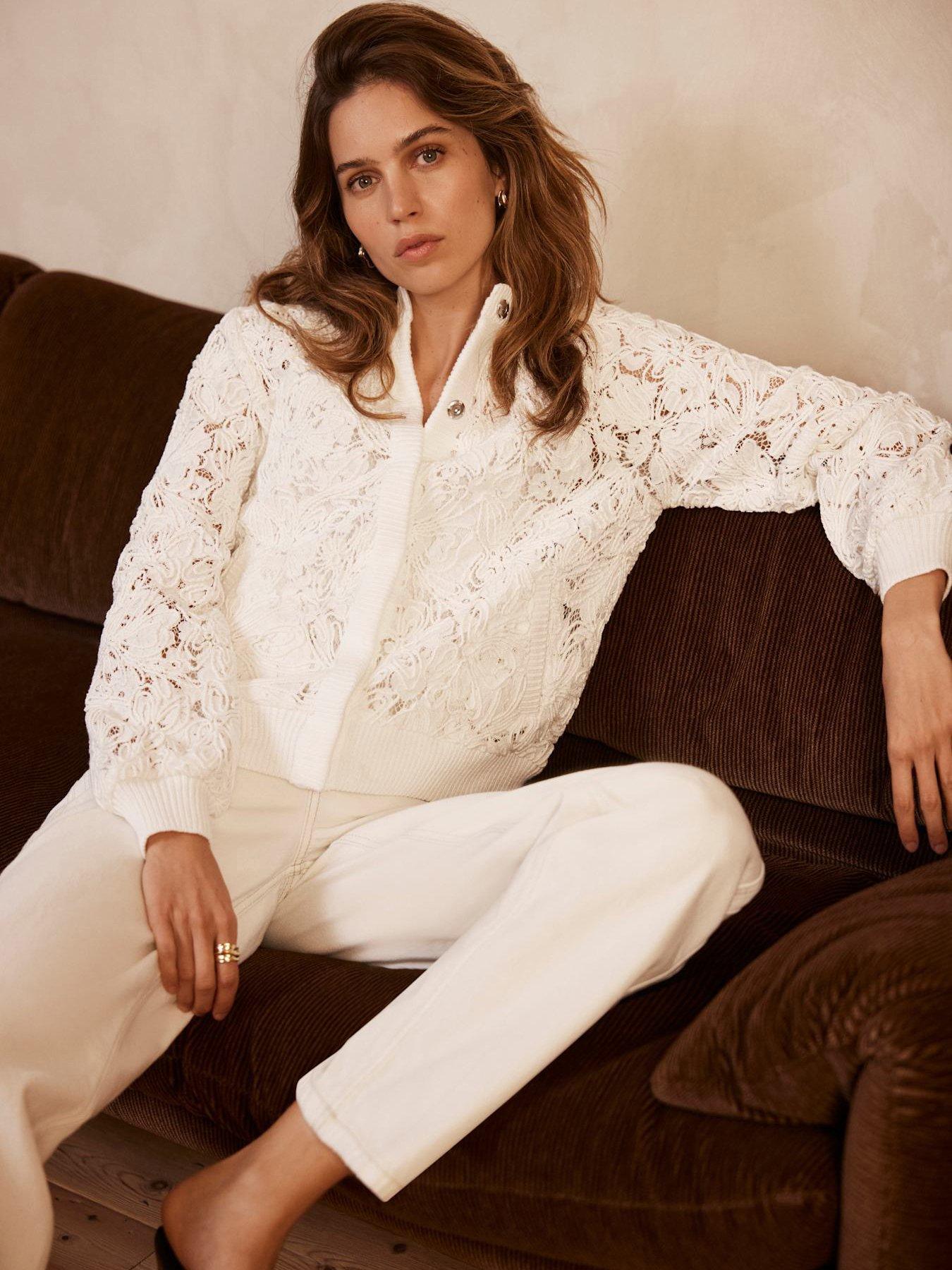 Image 1 of 6 of Mint Velvet White Lace Mix Bomber Jacket - Cream