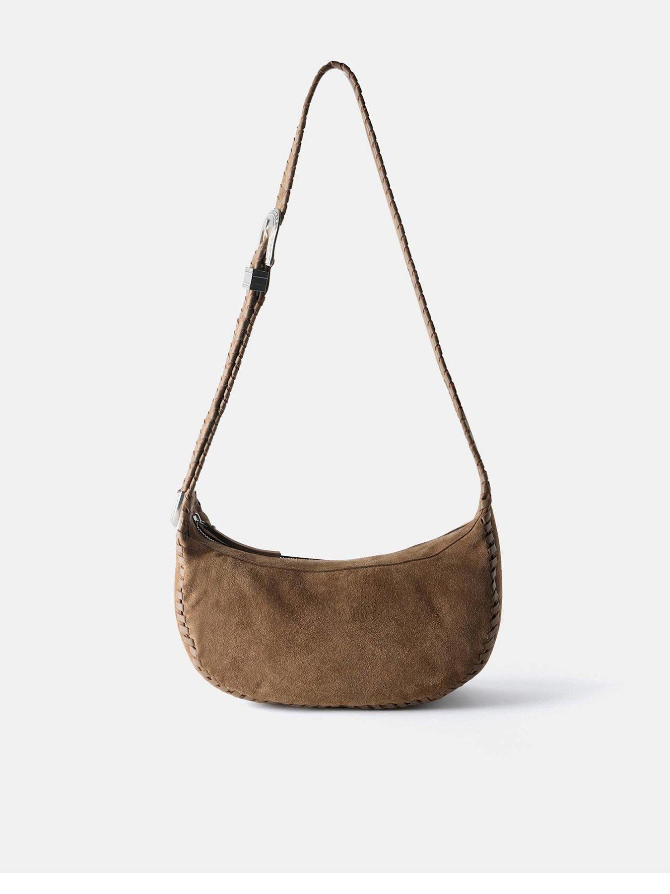 Image 1 of 4 of Mint Velvet Brown Suede Western Buckle Sling Bag - Beige