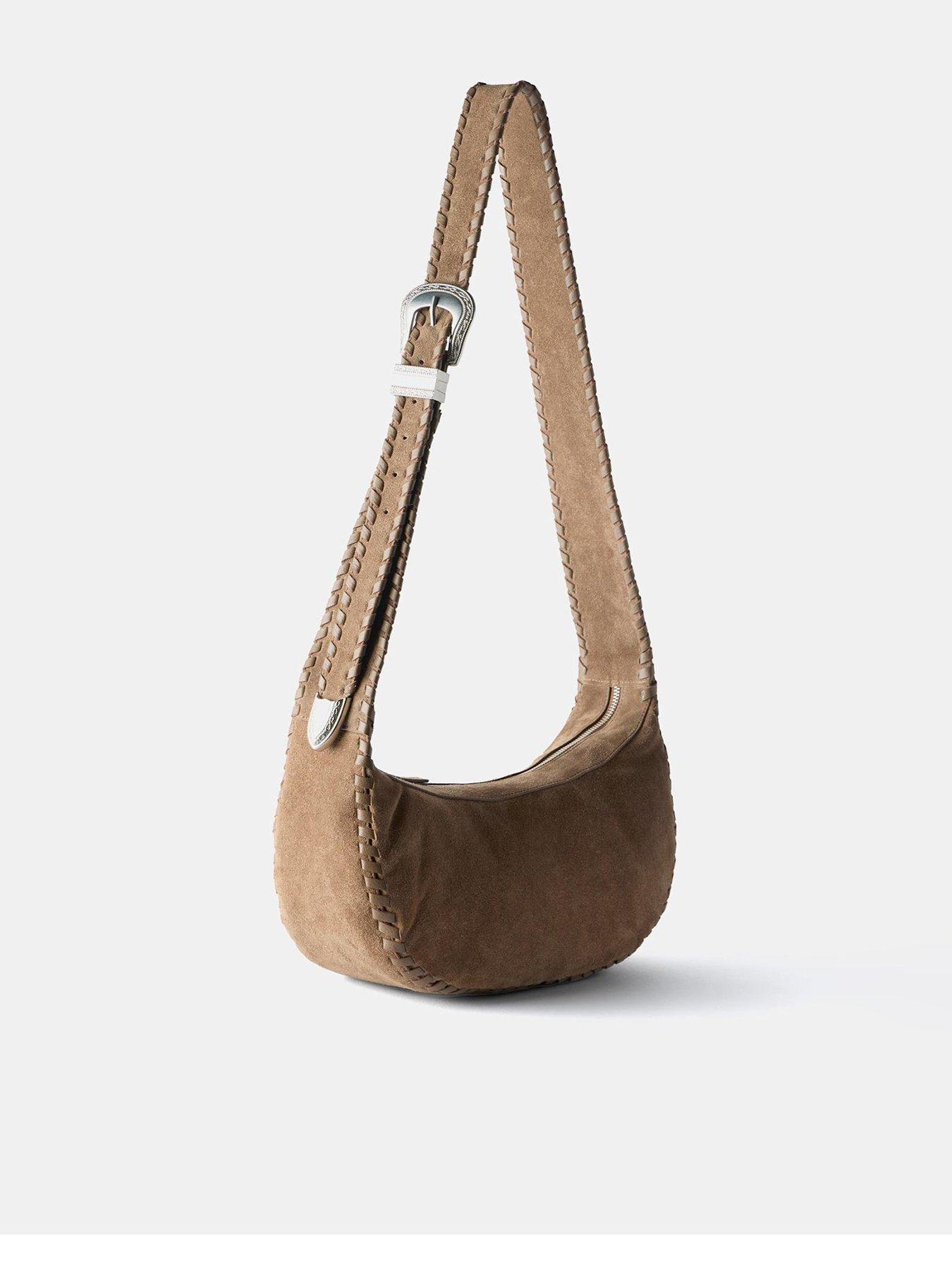 Image 2 of 4 of Mint Velvet Brown Suede Western Buckle Sling Bag - Beige