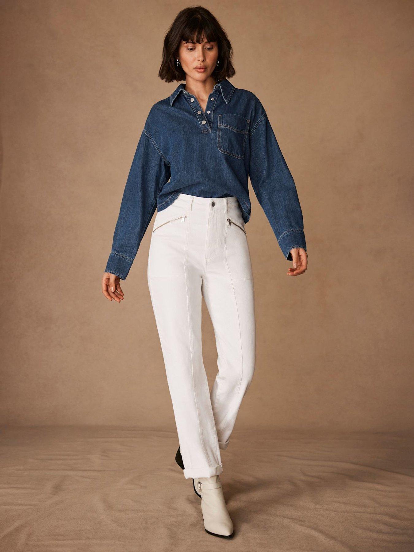 Image 1 of 6 of Mint Velvet Sculpting Slim Biker Detail Jeans - White