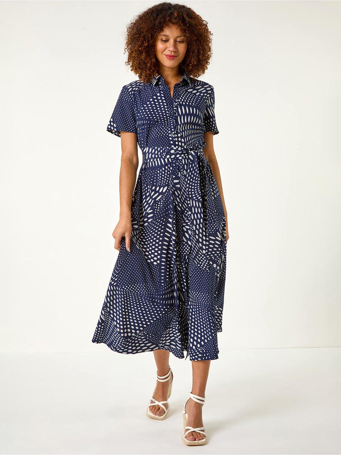 Image 1 of 5 of Roman Spot Print Shirt Midi Dress - Navy