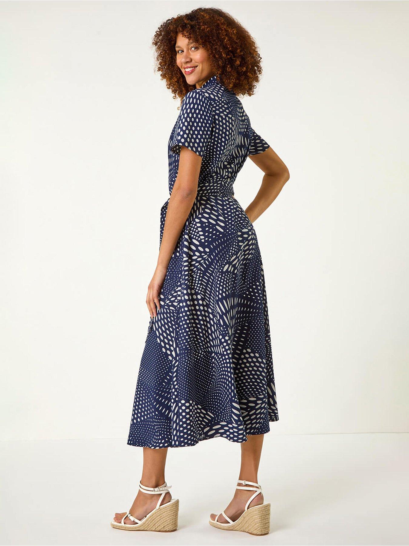 Image 2 of 5 of Roman Spot Print Shirt Midi Dress - Navy