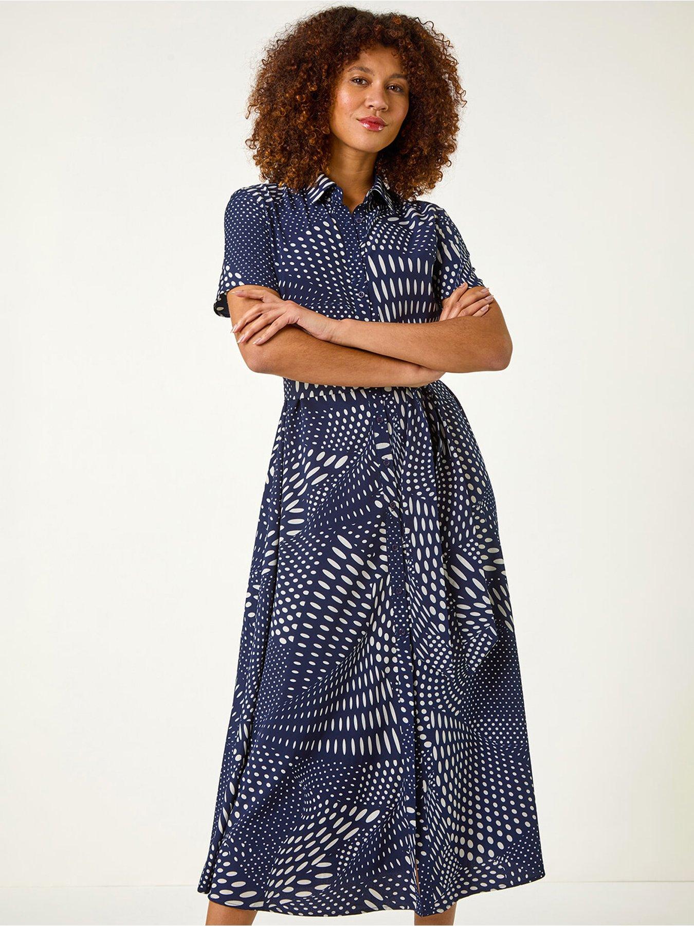 Image 3 of 5 of Roman Spot Print Shirt Midi Dress - Navy