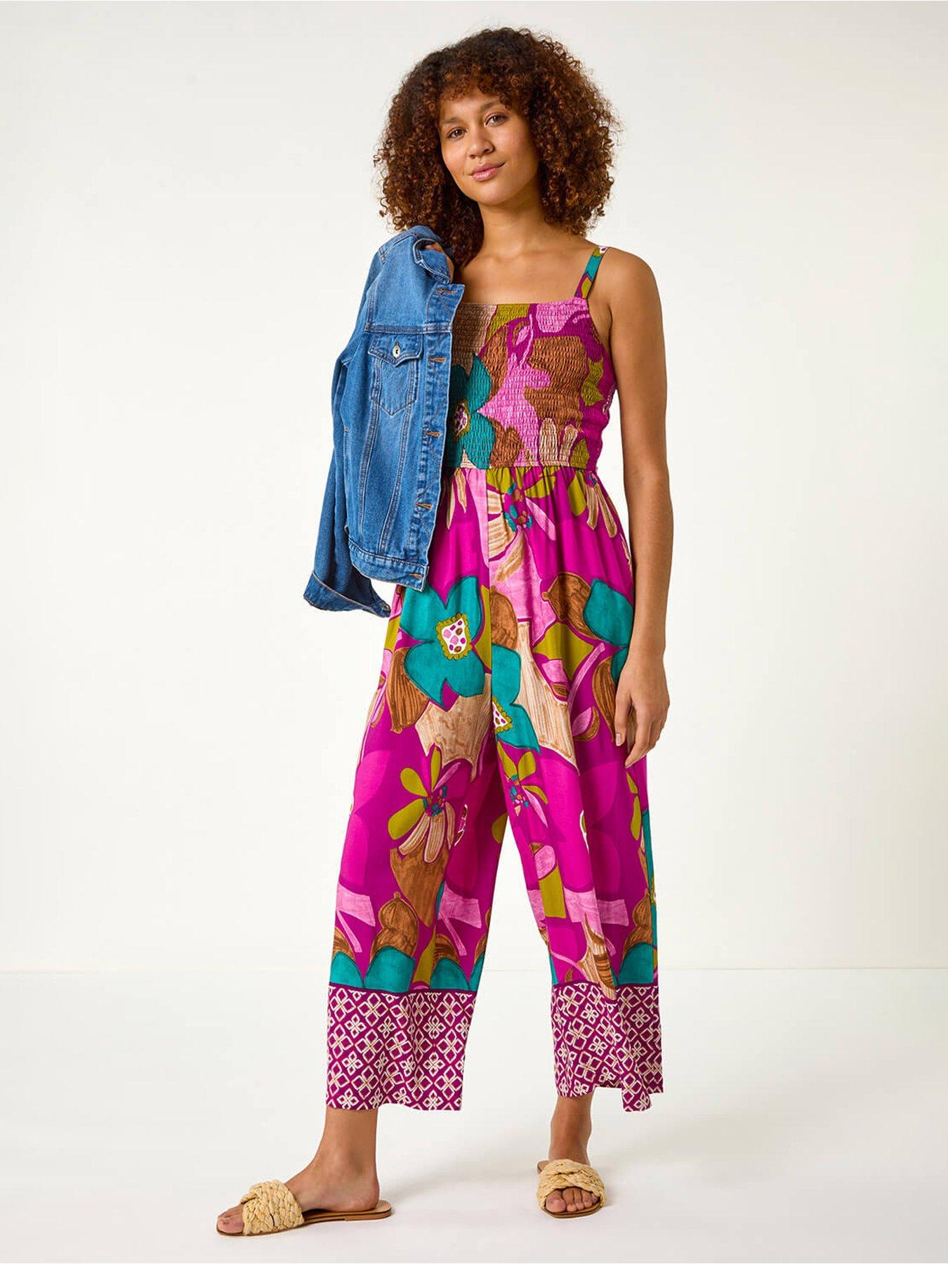 Roman Floral Border Frill Jumpsuit - Purple
