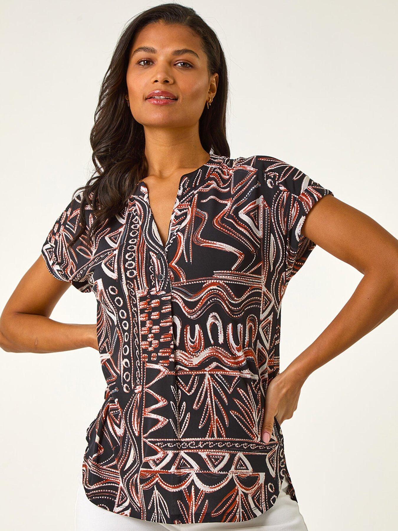 Image 1 of 5 of Roman Textured Ikat Print Stretch Top - Rust