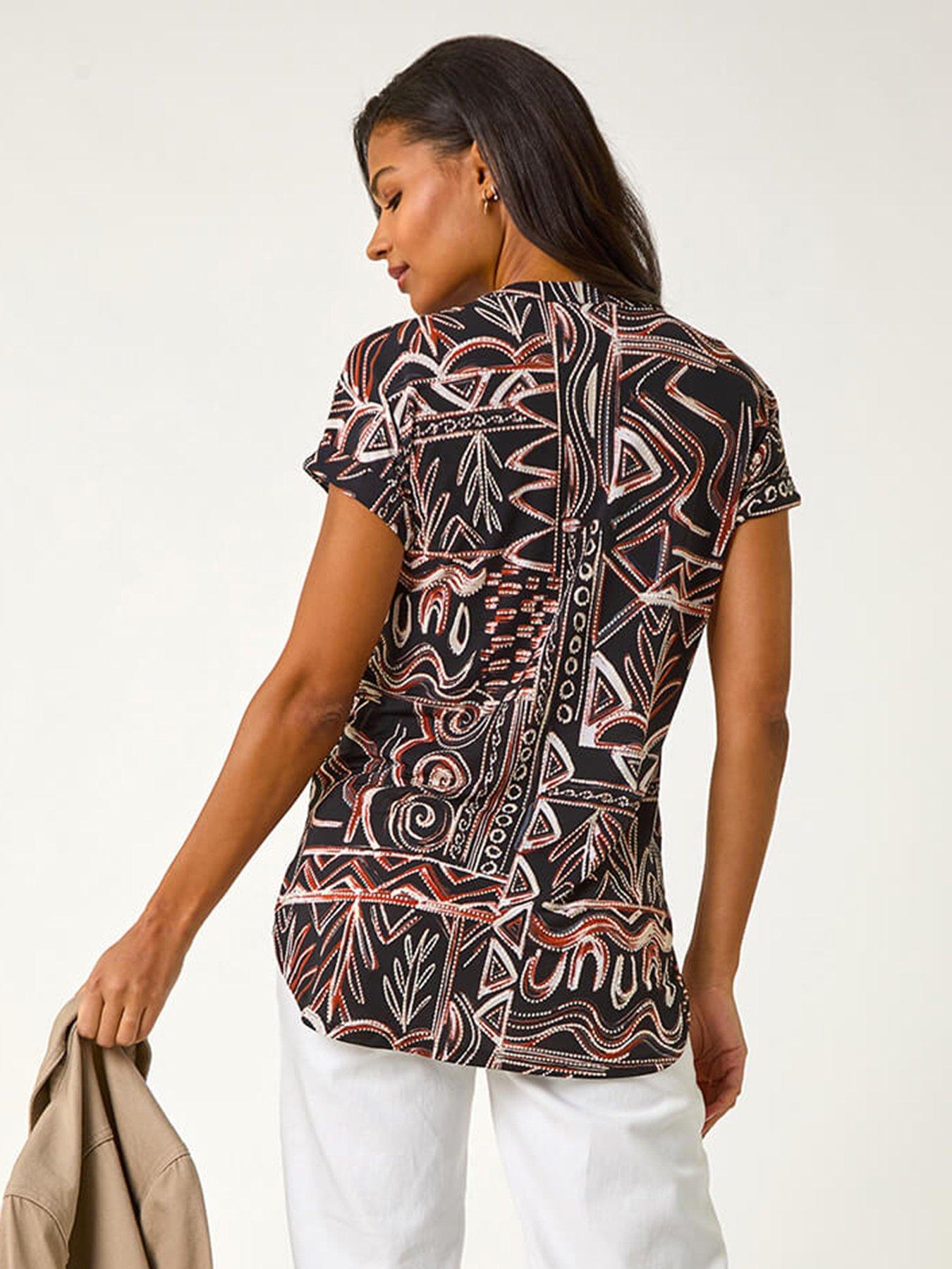 Image 2 of 5 of Roman Textured Ikat Print Stretch Top - Rust