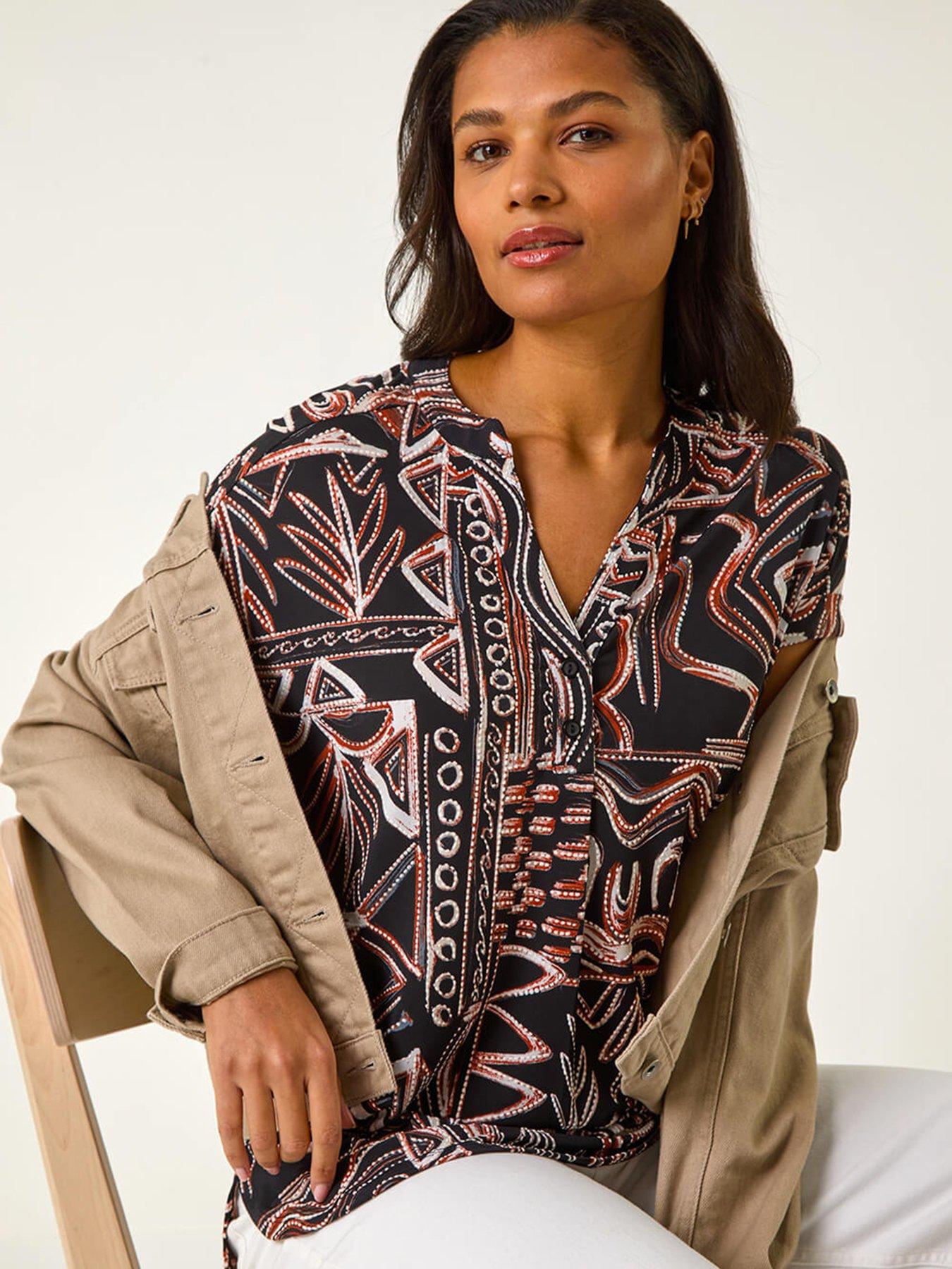 Image 4 of 5 of Roman Textured Ikat Print Stretch Top - Rust