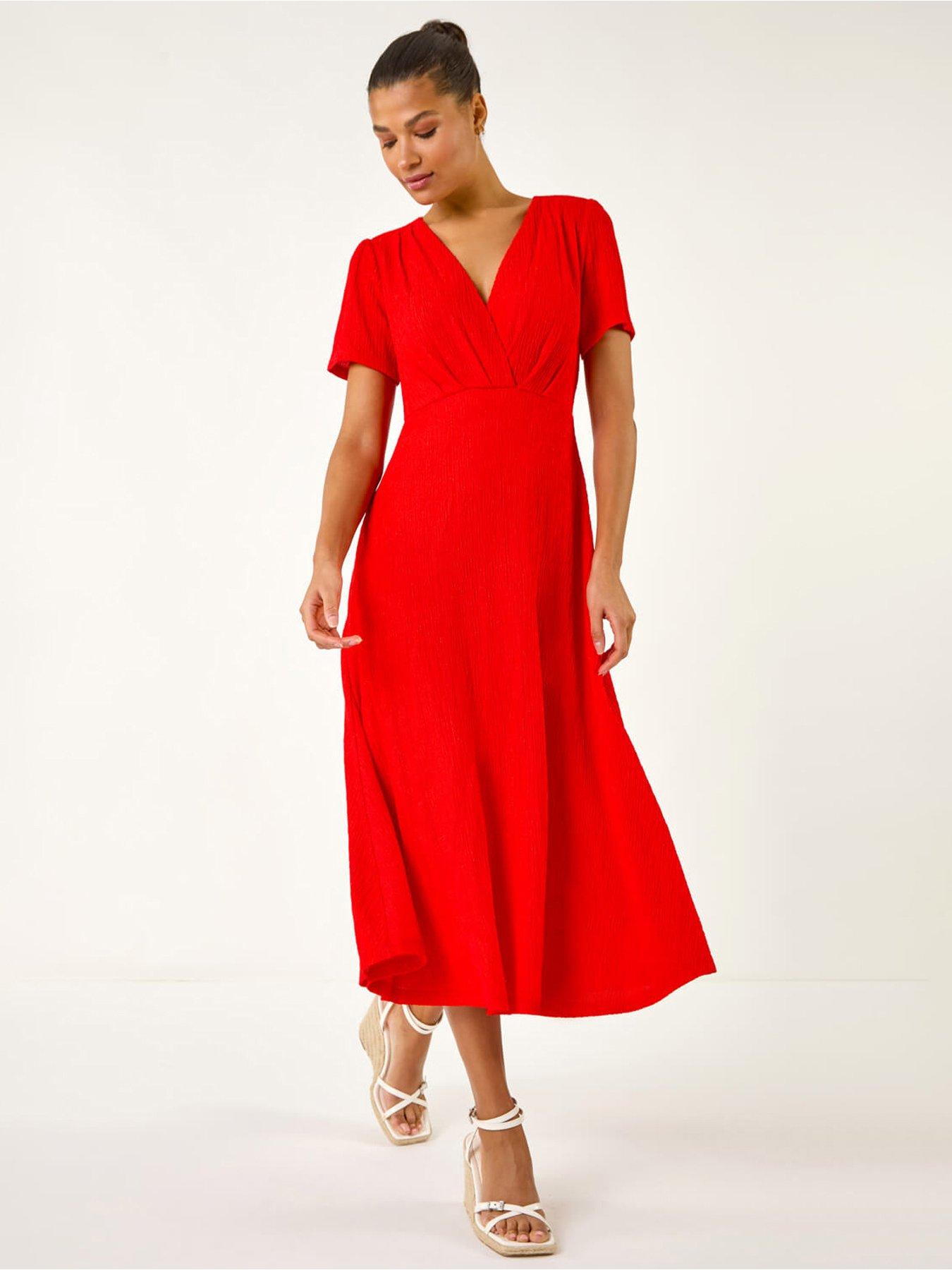 Roman Textured Wrap Bodice Midi Dress - Red