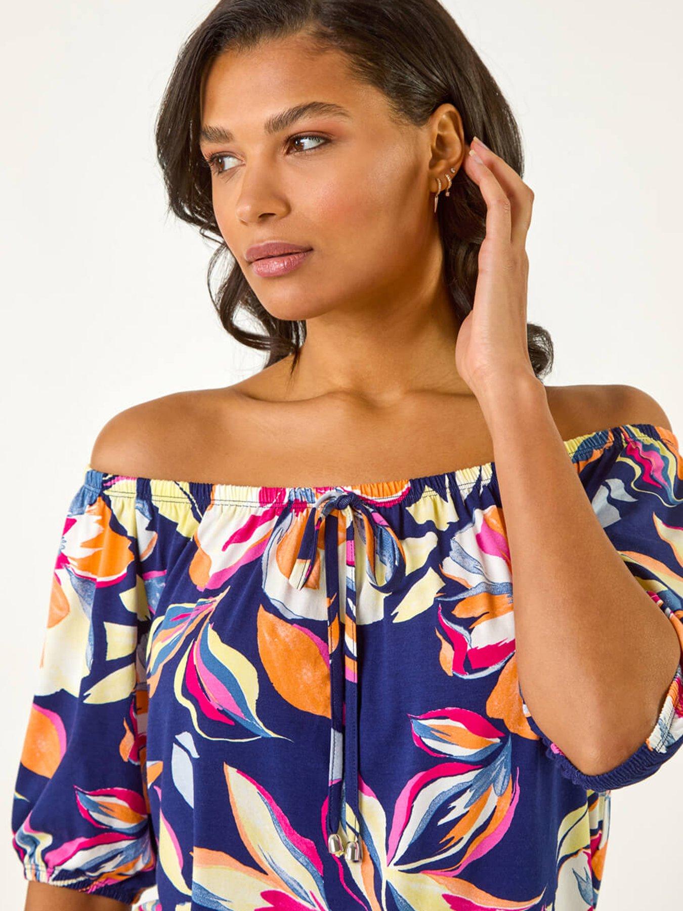 roman-floral-print-bardot-stretch-top-navyoutfit