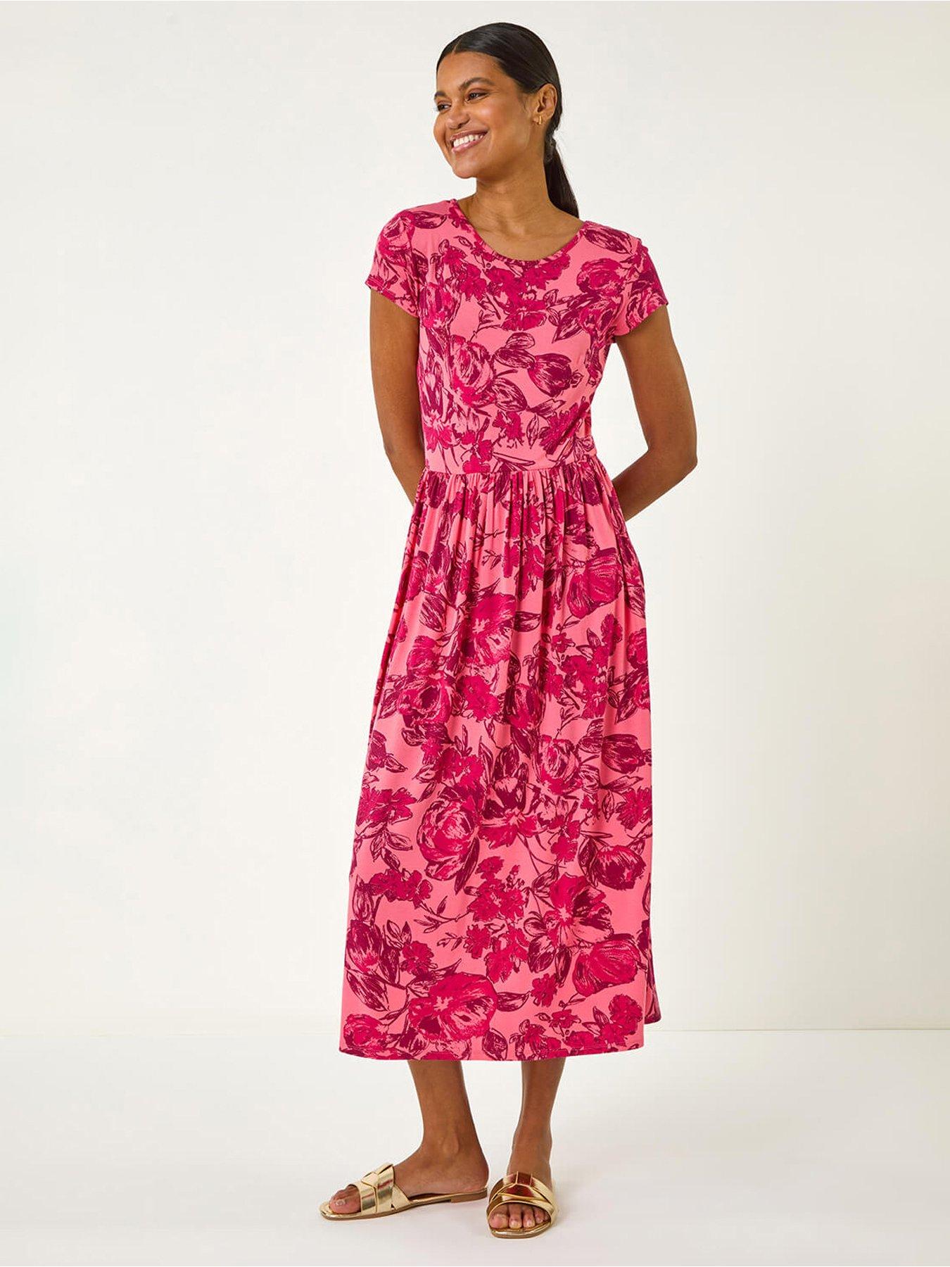 Roman Floral Print Pocket Midi Dress - Pink