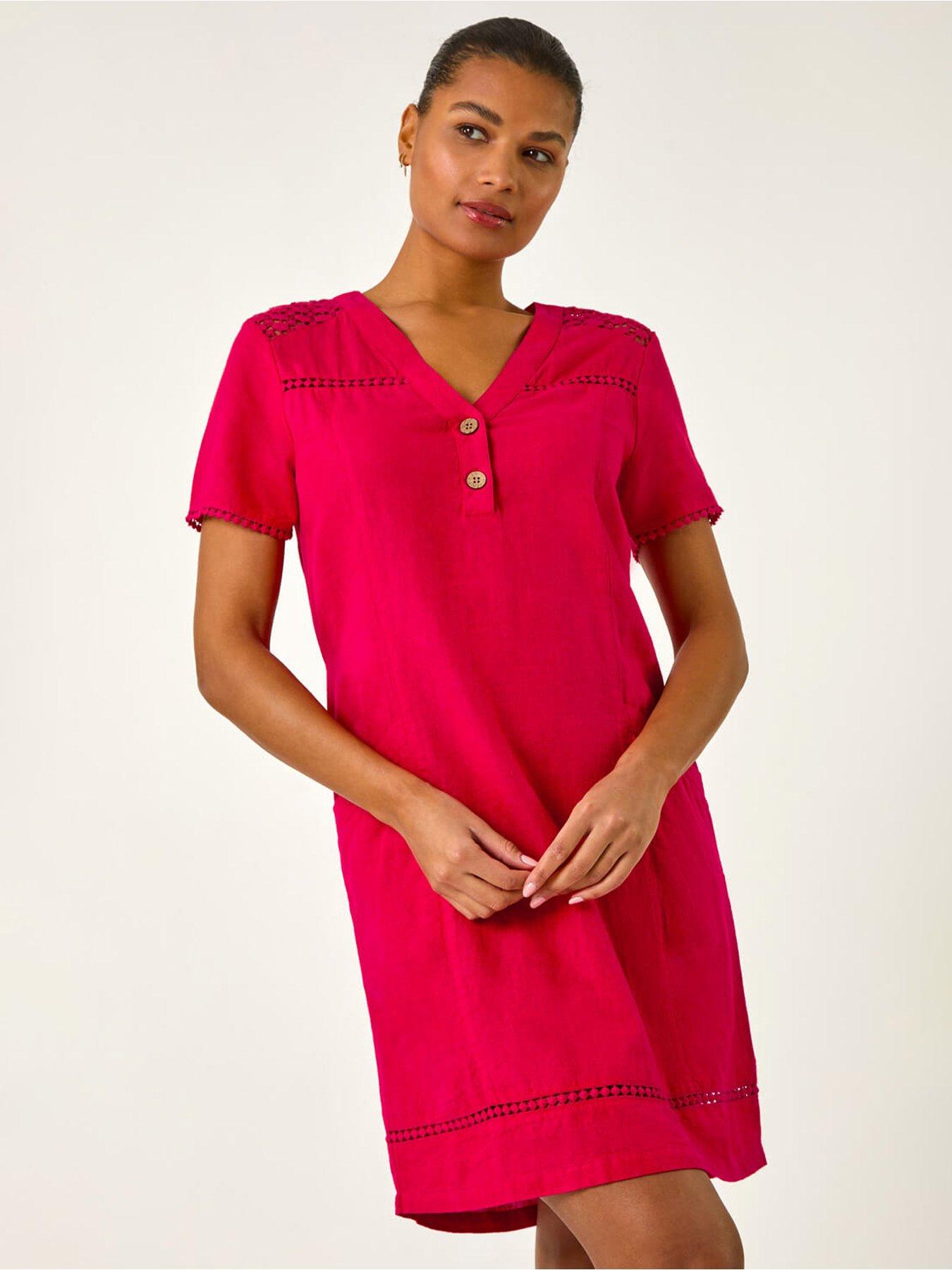 Roman Linen Mix Button Shift Dress - Red