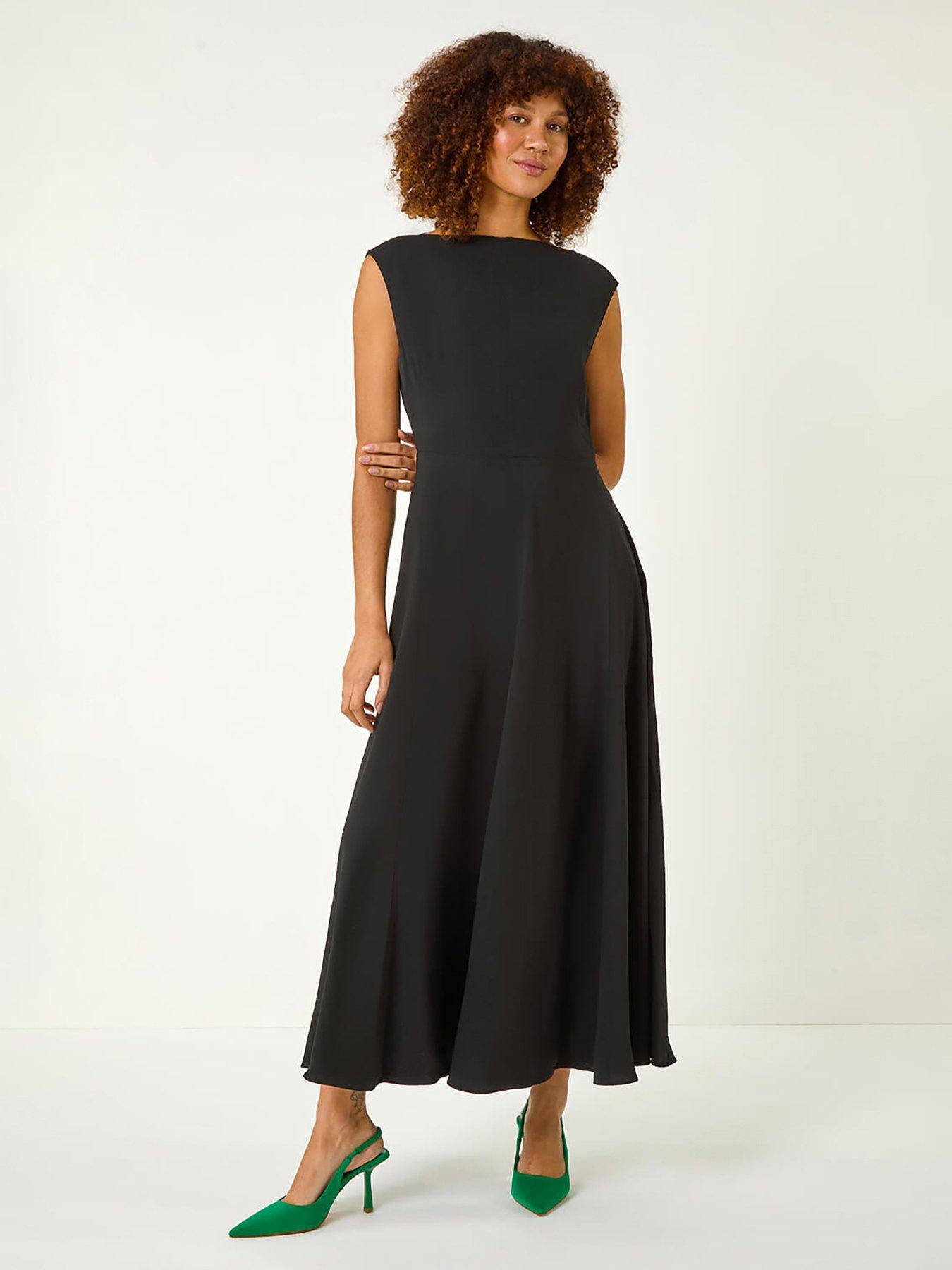 Roman High Neck Pleated Midi Dress - Black