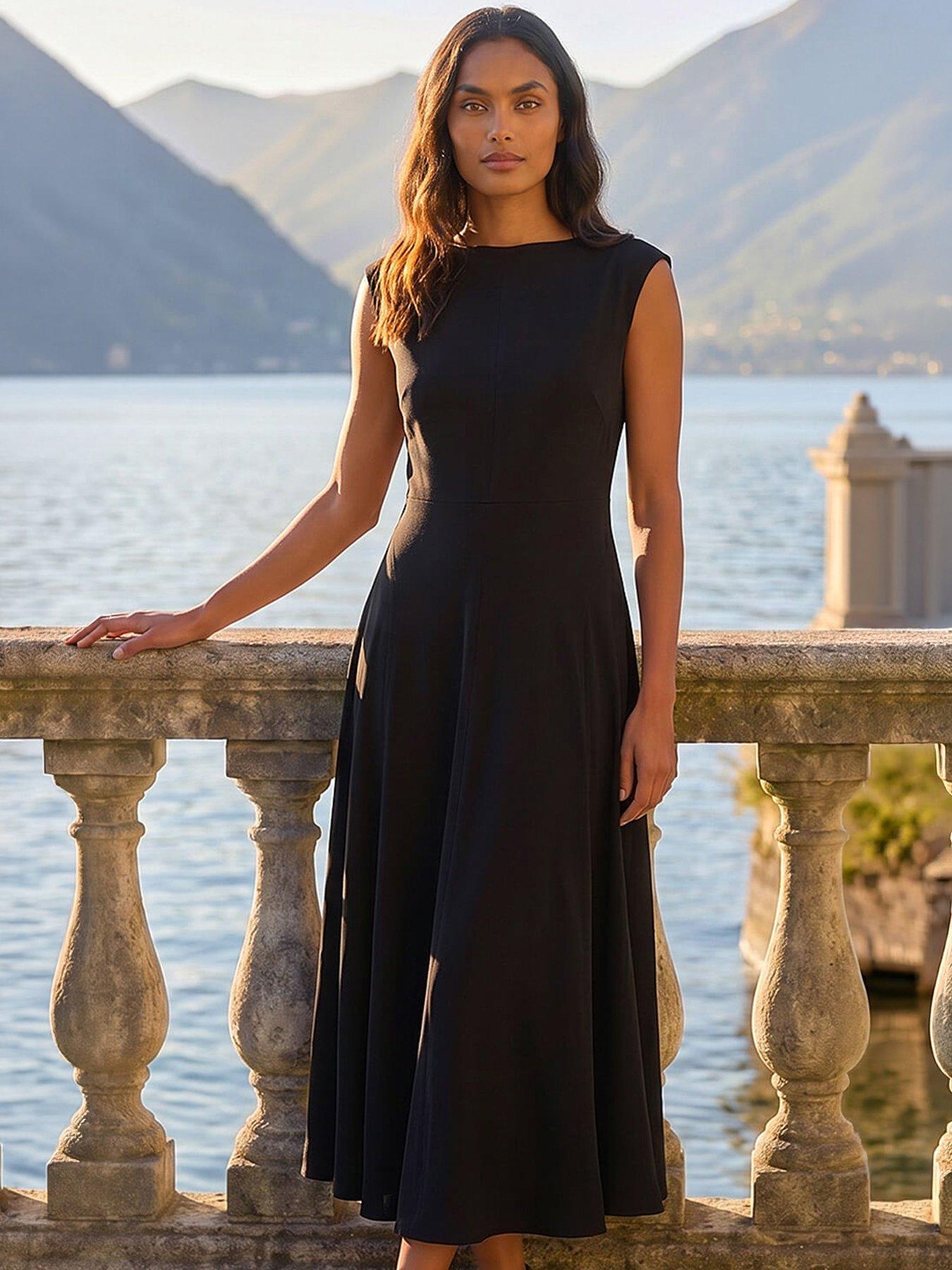 Roman High Neck Pleated Midi Dress - Black