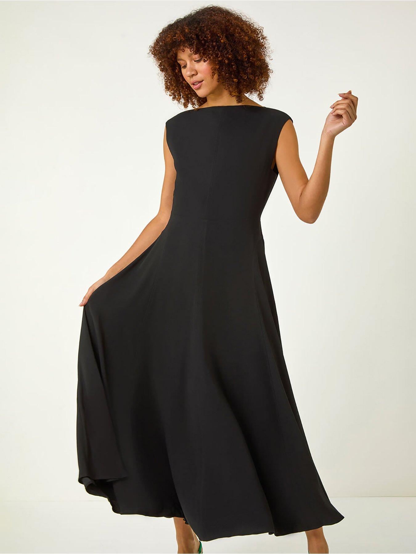 Image 3 of 4 of Roman High Neck Pleated Midi Dress - Black