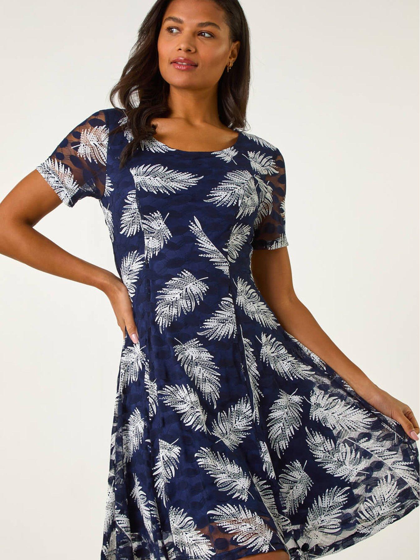 Roman Leaf Print Lace Stretch Dress - Navy