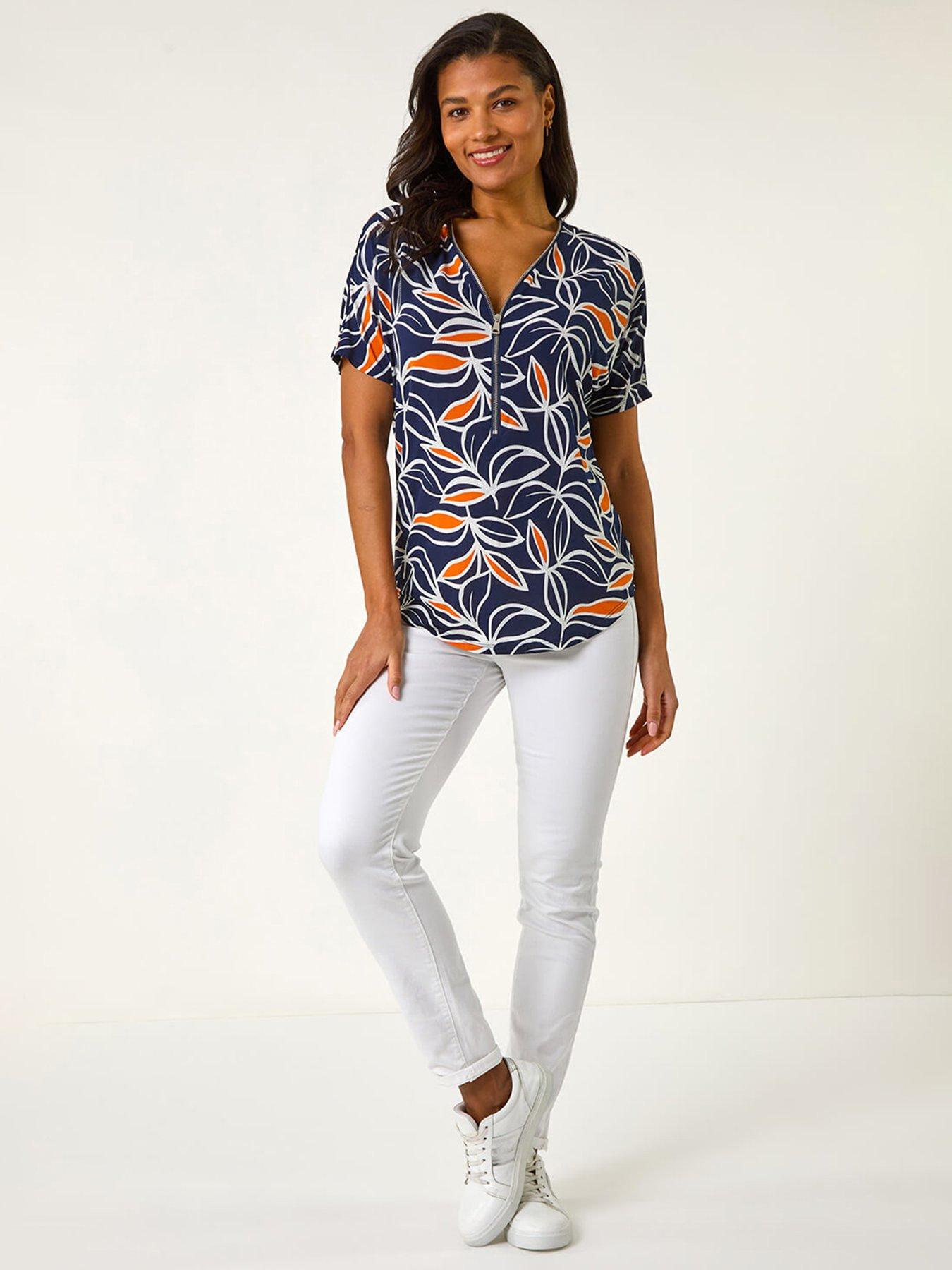 Image 3 of 5 of Roman Textured Print Zip Detail Top - Orange