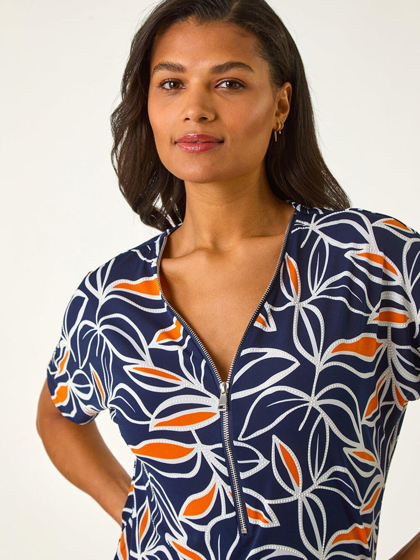 Image 4 of 5 of Roman Textured Print Zip Detail Top - Orange