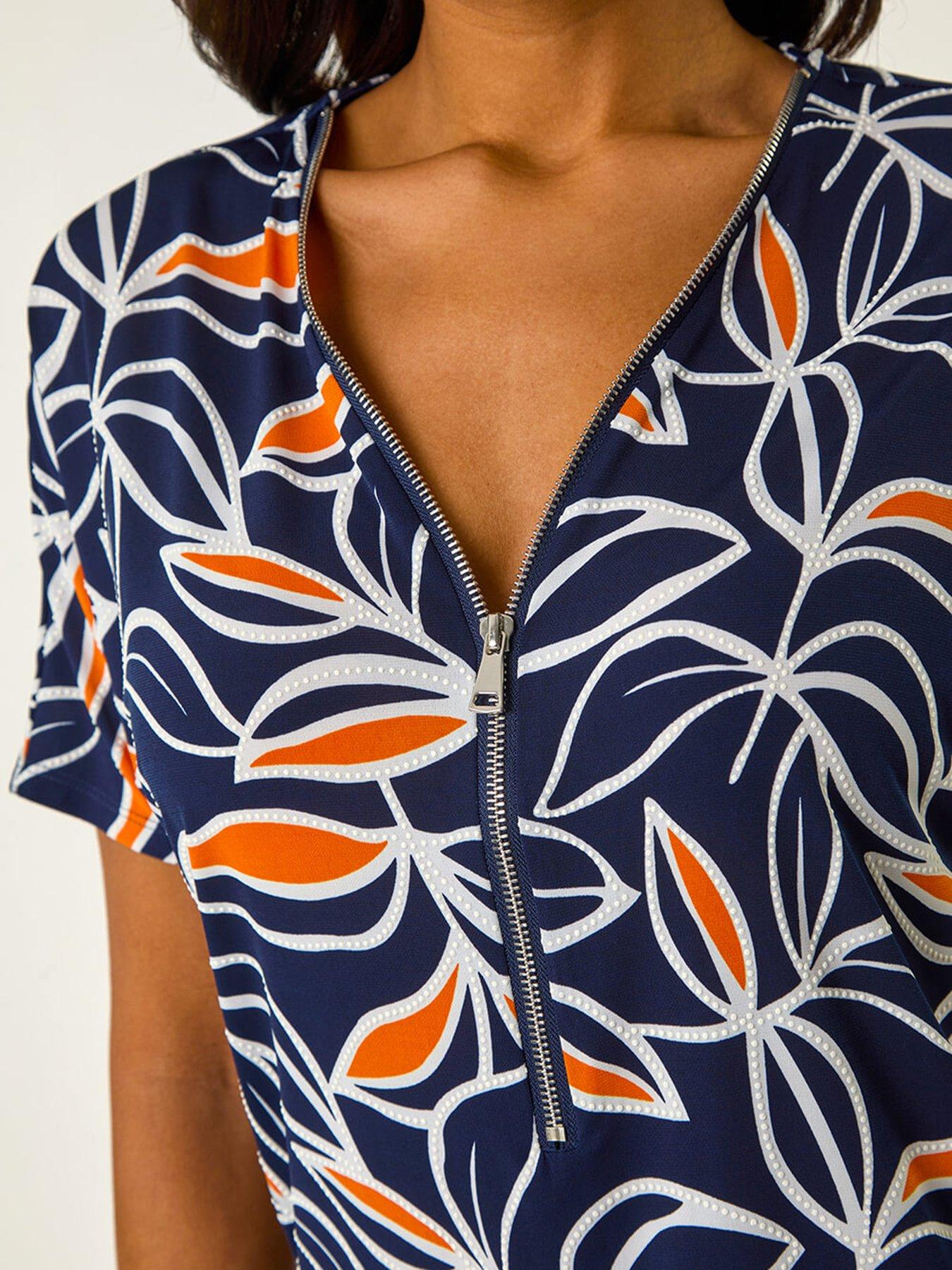 Image 5 of 5 of Roman Textured Print Zip Detail Top - Orange