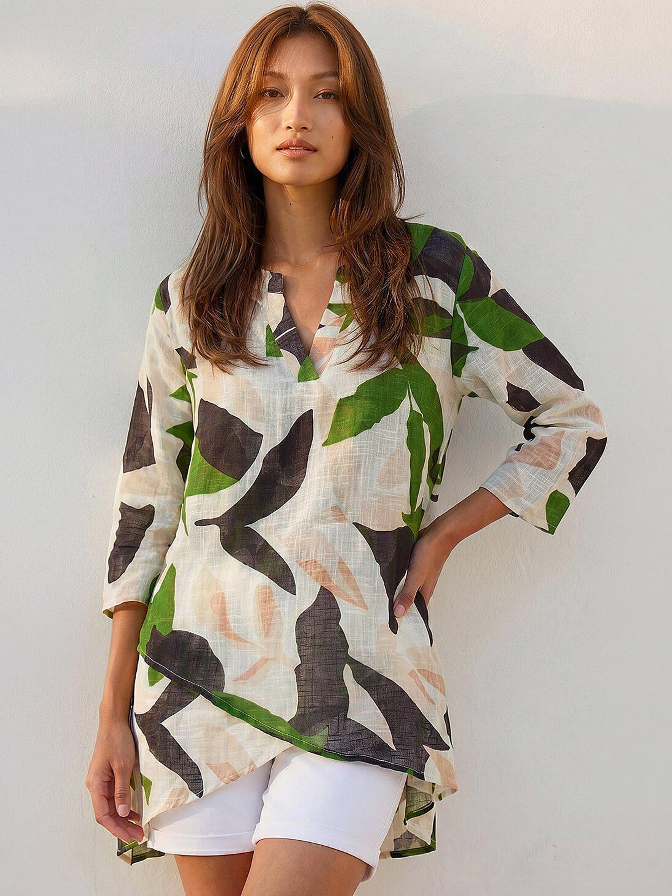 Roman Leaf Print Wrap Front Tunic Top - Green