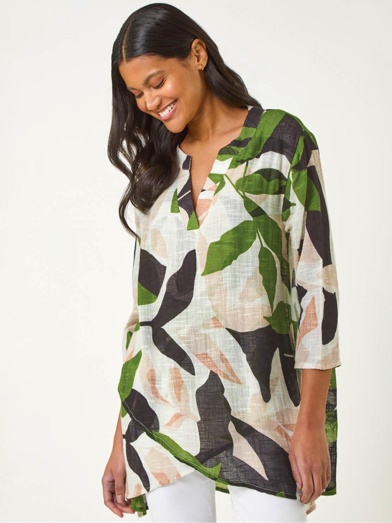 Image 1 of 5 of Roman Leaf Print Wrap Front Tunic Top - Green