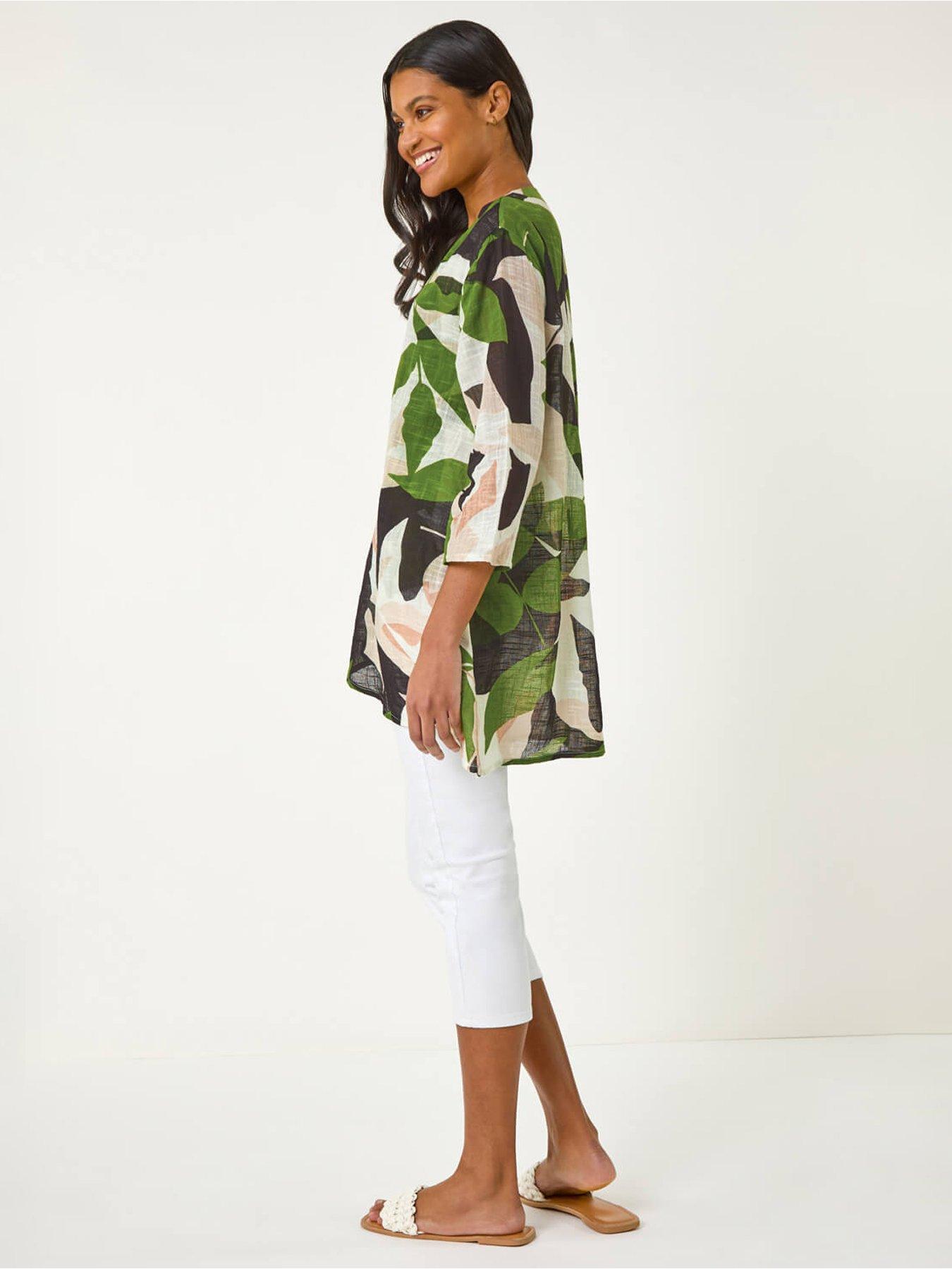 Image 2 of 5 of Roman Leaf Print Wrap Front Tunic Top - Green
