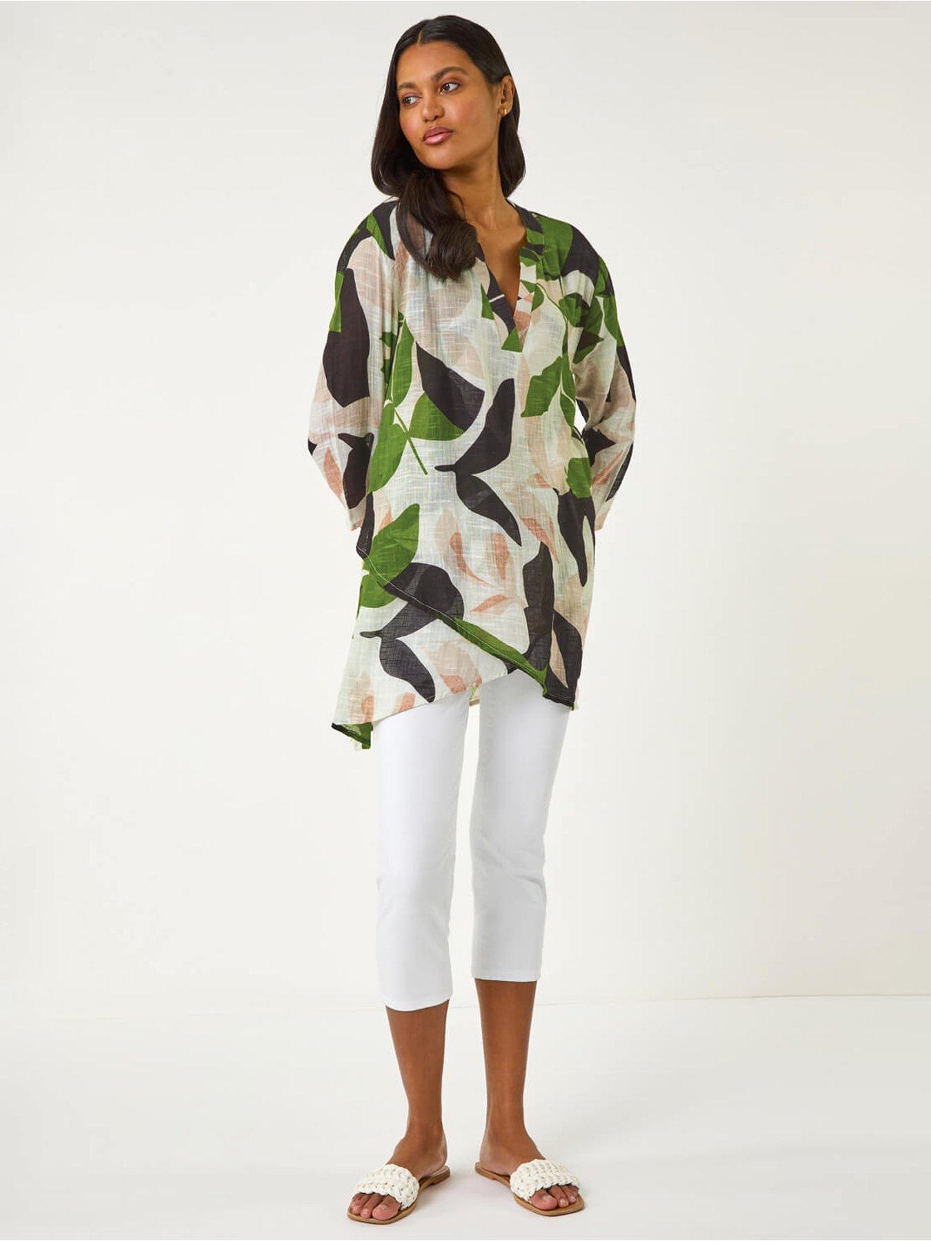 Image 3 of 5 of Roman Leaf Print Wrap Front Tunic Top - Green